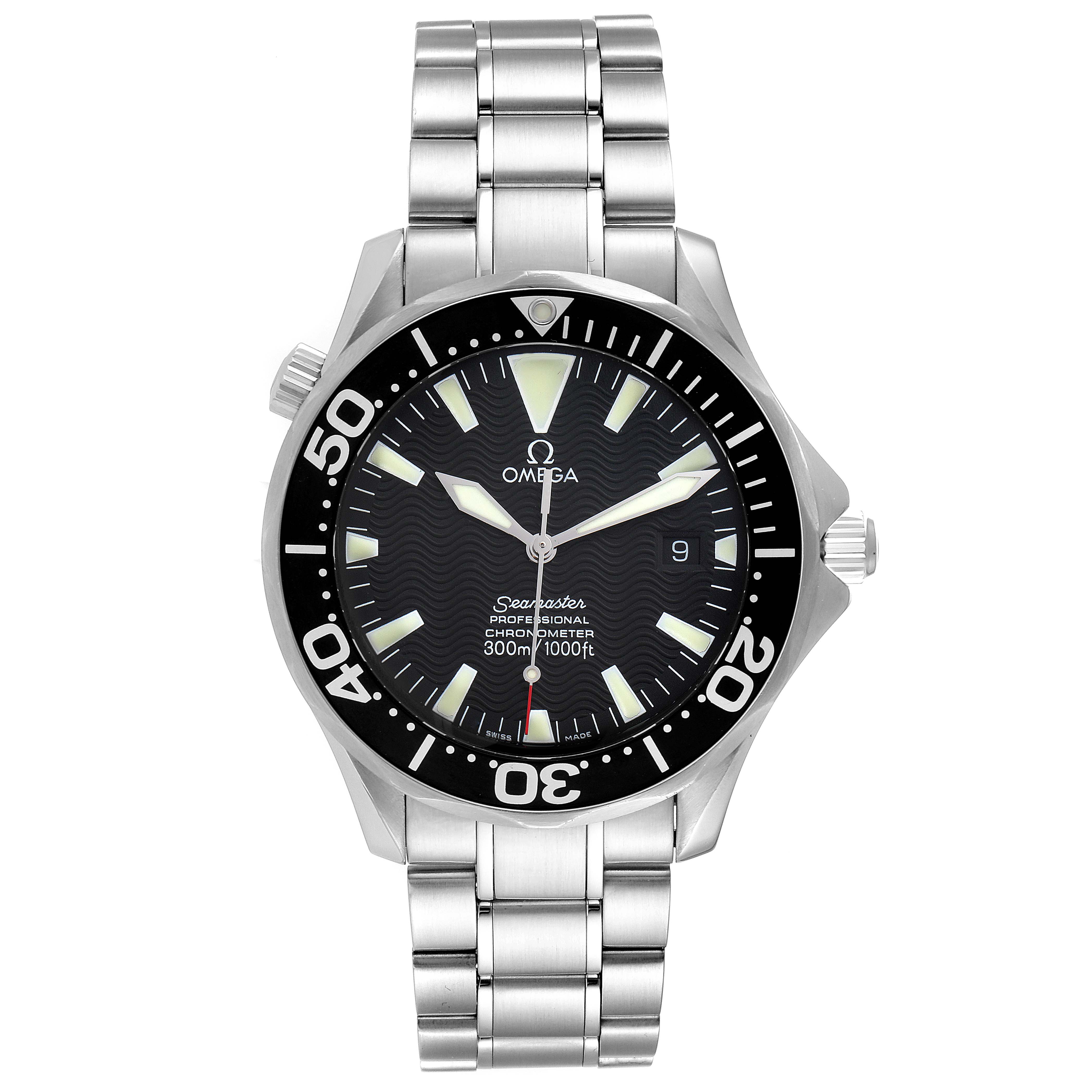 The image shows a front view of the Omega Seamaster 2254.50.00 Men's Stainless Steel Black Dial 2254.50.00 Men's Stainless Steel Black Dial watch, displaying its face, bezel, and metal bracelet.