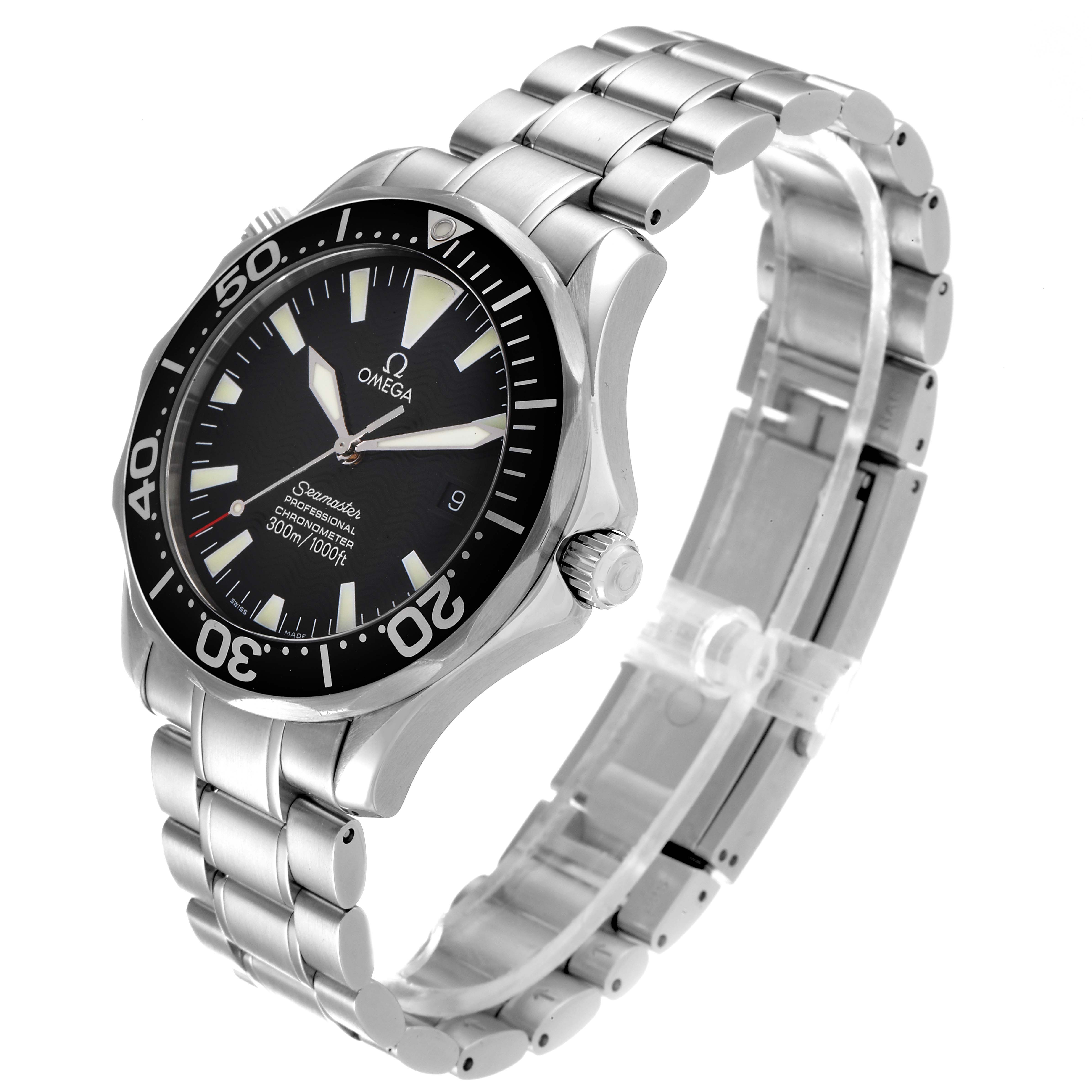 The image shows an angled view of the Omega Seamaster 2254.50.00 Men's Stainless Steel Black Dial 2254.50.00 Men's Stainless Steel Black Dial watch, revealing the dial, bezel, bracelet, and clasp.