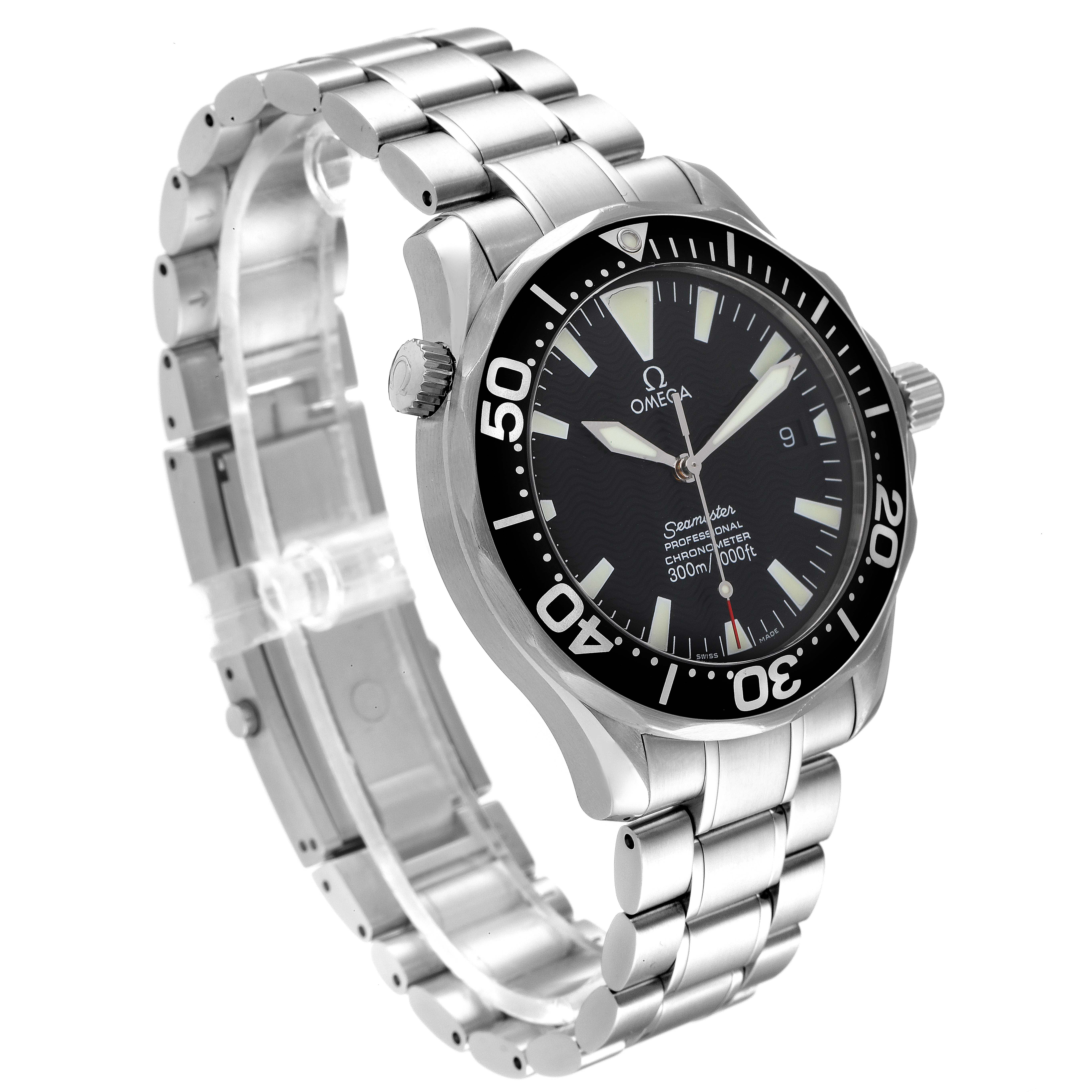 The image shows an Omega Seamaster 2254.50.00 Men's Stainless Steel Black Dial 2254.50.00 Men's Stainless Steel Black Dial watch at a three-quarter angle, highlighting the bracelet, bezel, dial, and crown.