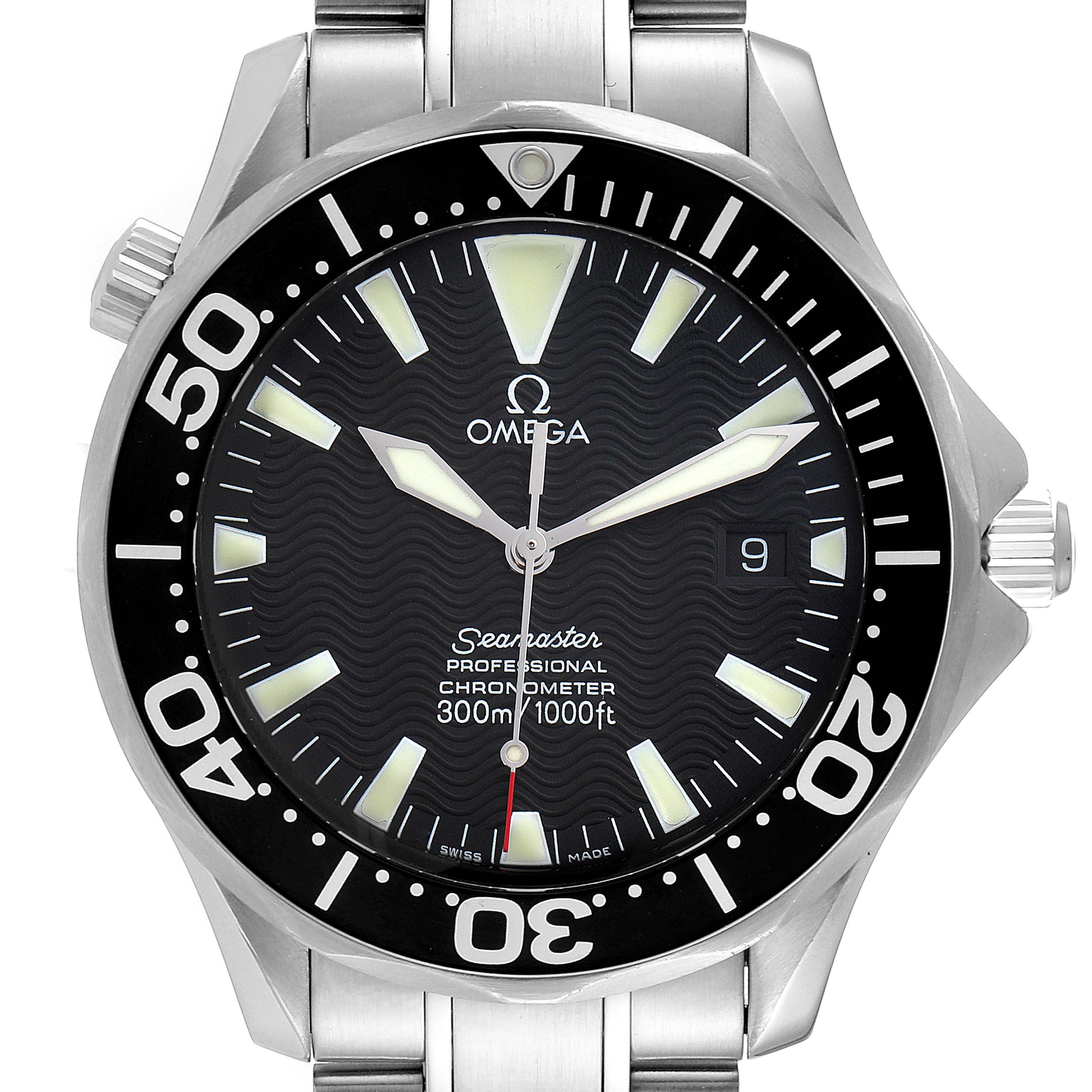 The image shows a front view of an Omega Seamaster 2254.50.00 Men's Stainless Steel Black Dial 2254.50.00 Men's Stainless Steel Black Dial watch, highlighting the dial, bezel, and part of the stainless steel bracelet.