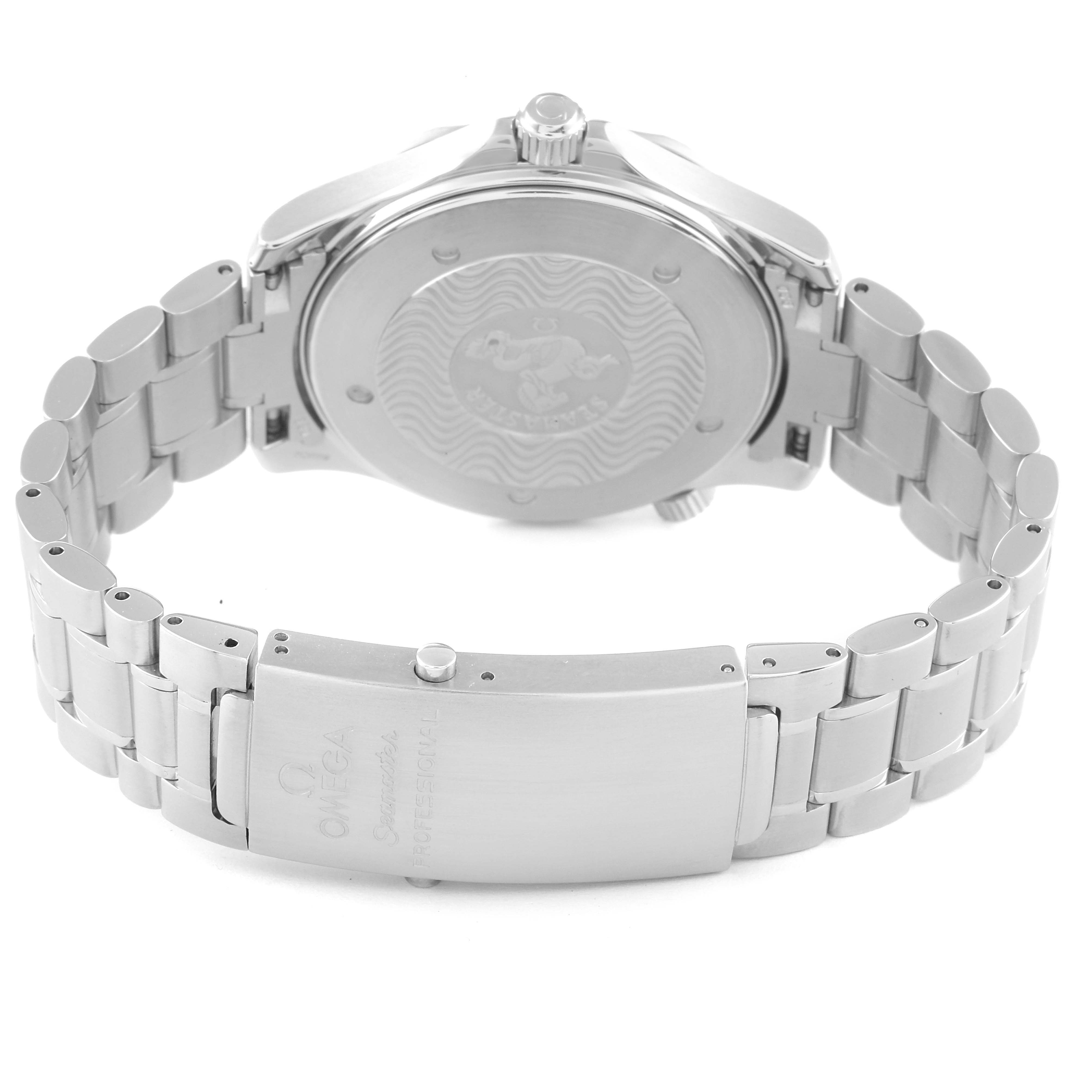 The image shows the back and clasp of an Omega Seamaster 2254.50.00 Men's Stainless Steel Black Dial 2254.50.00 Men's Stainless Steel Black Dial watch, highlighting the case back and metal bracelet.