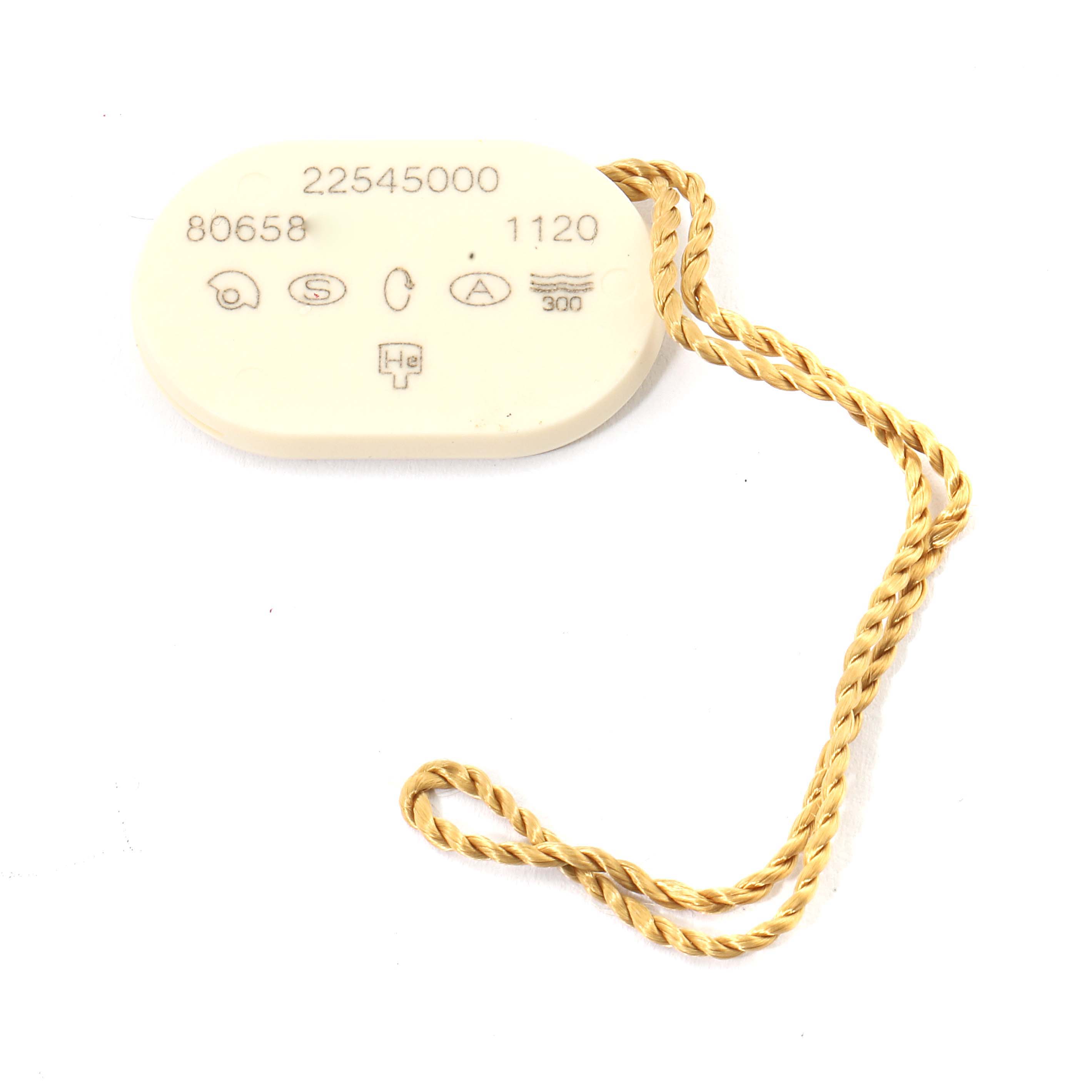 This image shows a tag with model information and a golden thread, likely an accessory for the Omega Seamaster 2254.50.00 Men's Stainless Steel Black Dial 2254.50.00 Men's Stainless Steel Black Dial watch.