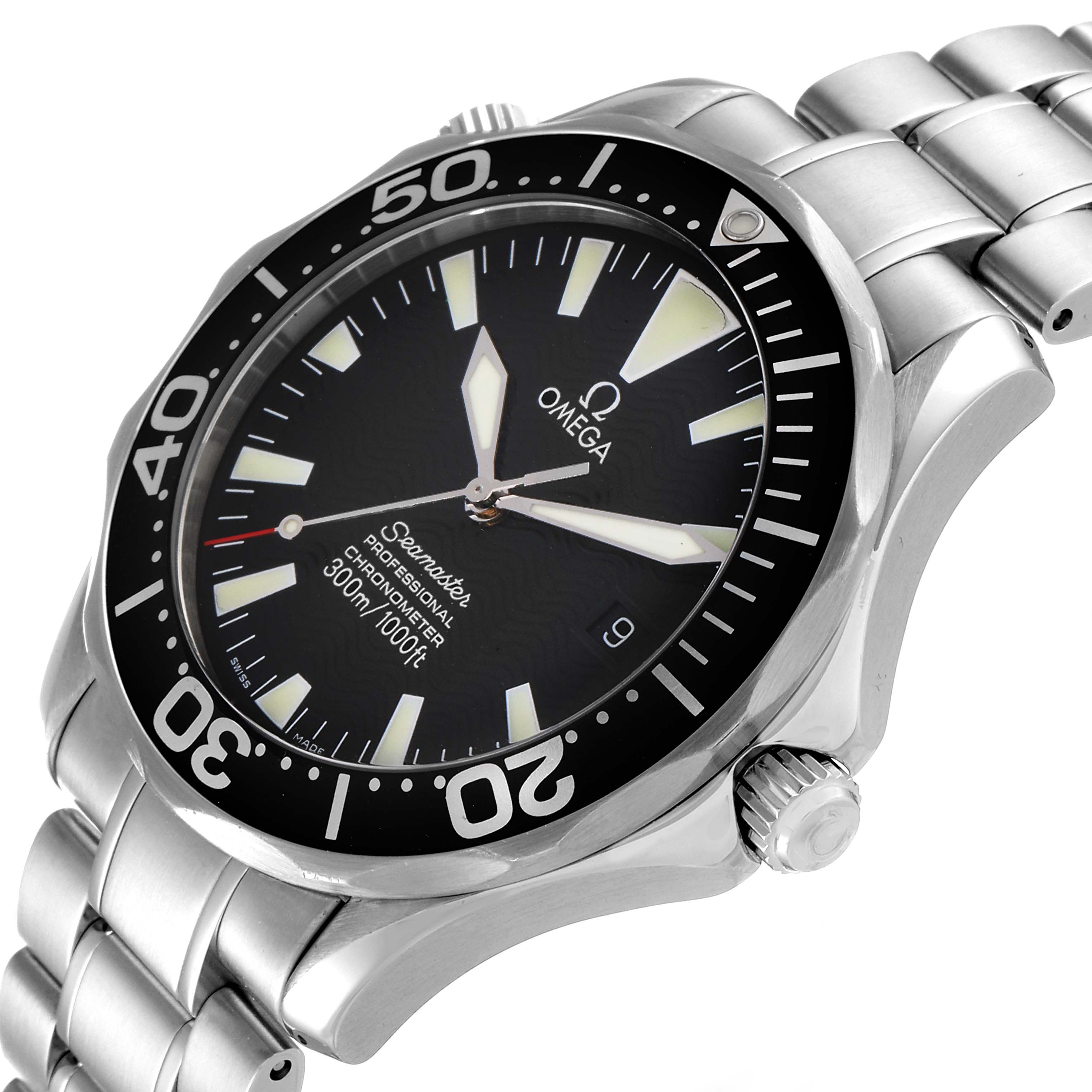 The image shows an angled close-up view of an Omega Seamaster 2254.50.00 Men's Stainless Steel Black Dial 2254.50.00 Men's Stainless Steel Black Dial watch, highlighting the dial, bezel, crown, and part of the bracelet.