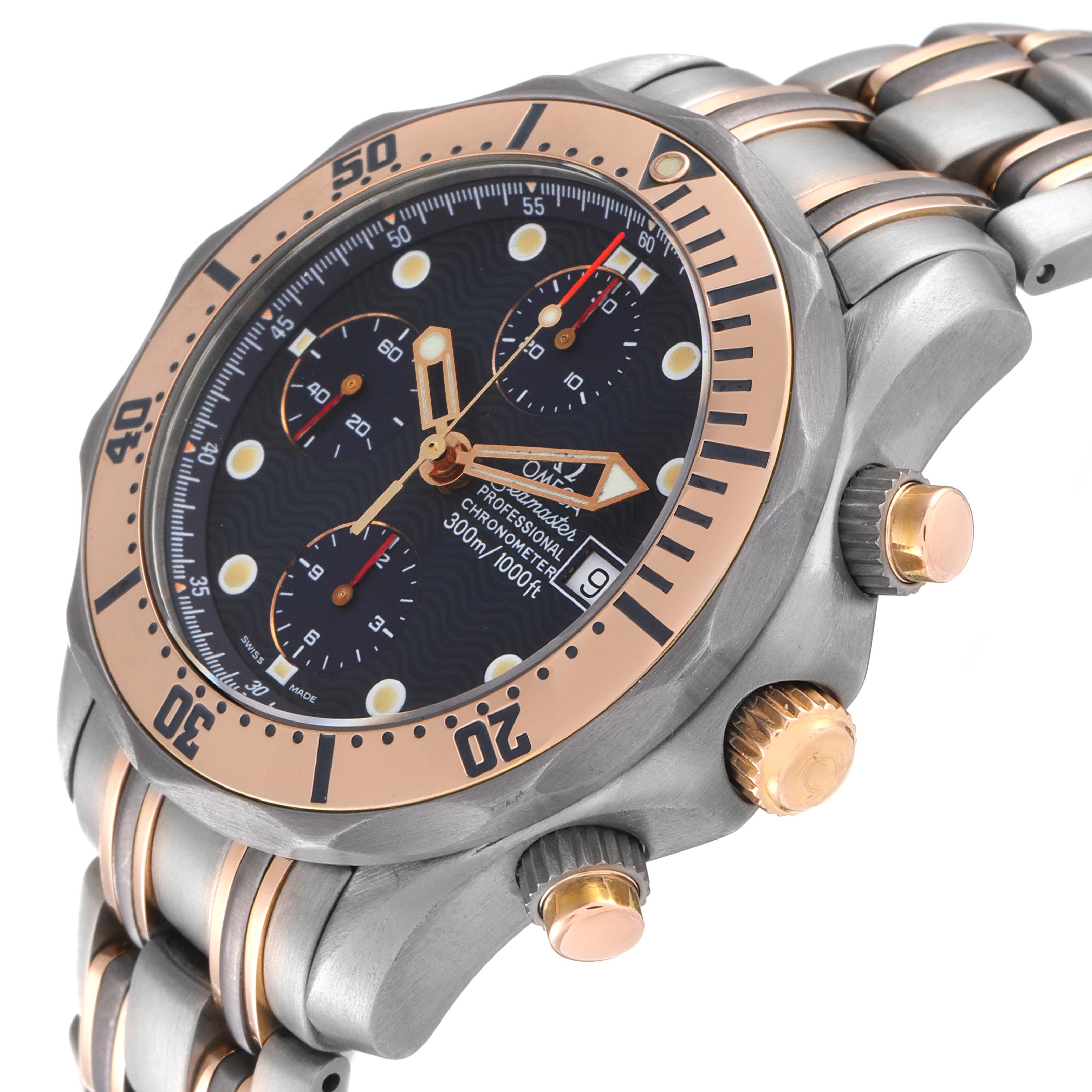 The image shows an angled close-up of an Omega Seamaster 2296.80.00 Men's Titanium Blue Dial 2296.80.00 Men's Titanium Blue Dial watch, highlighting the face, bezel, crown, and part of the bracelet.