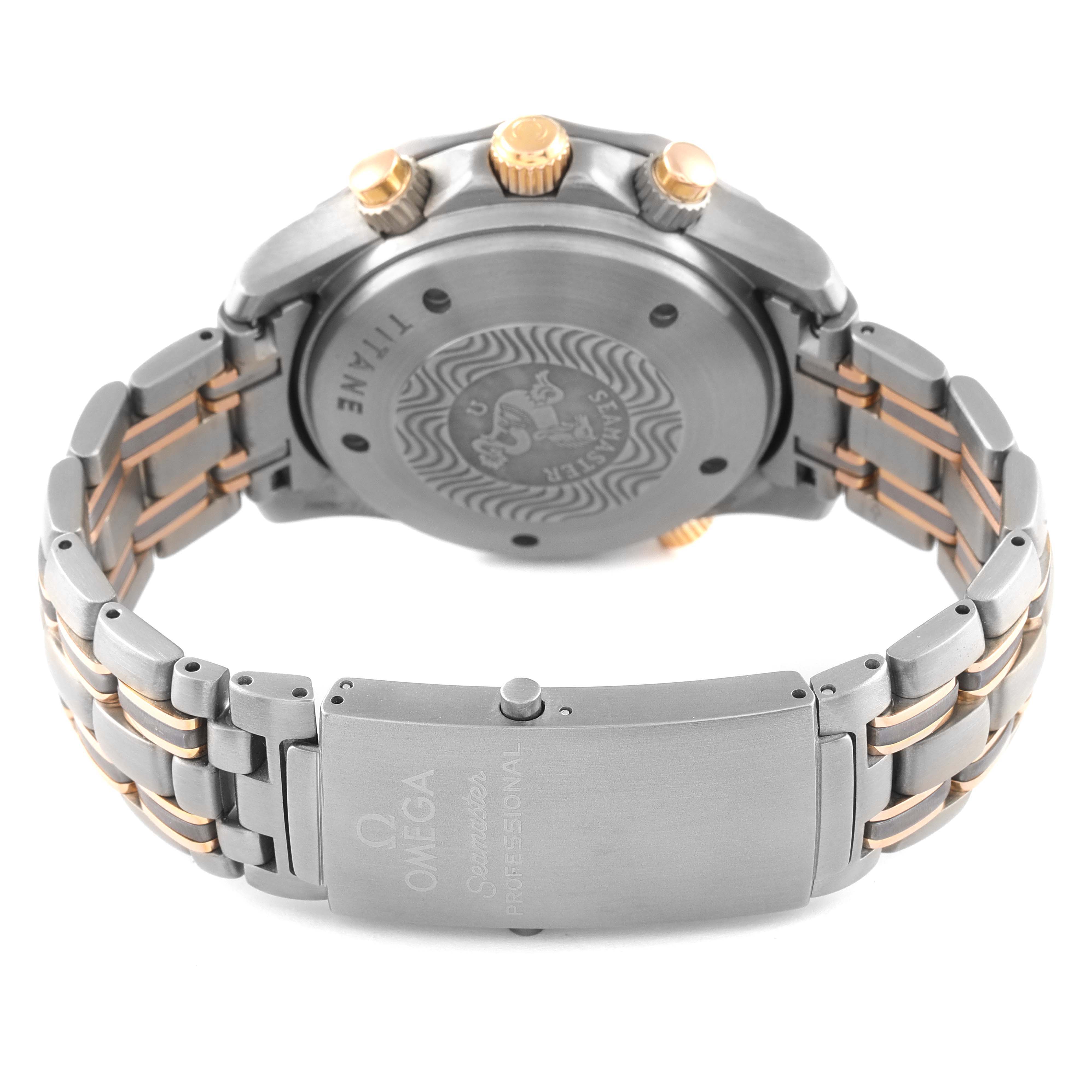 The image shows the back of an Omega Seamaster 2296.80.00 Men's Titanium Blue Dial 2296.80.00 Men's Titanium Blue Dial watch, highlighting the clasp, bracelet, case back, and crown.