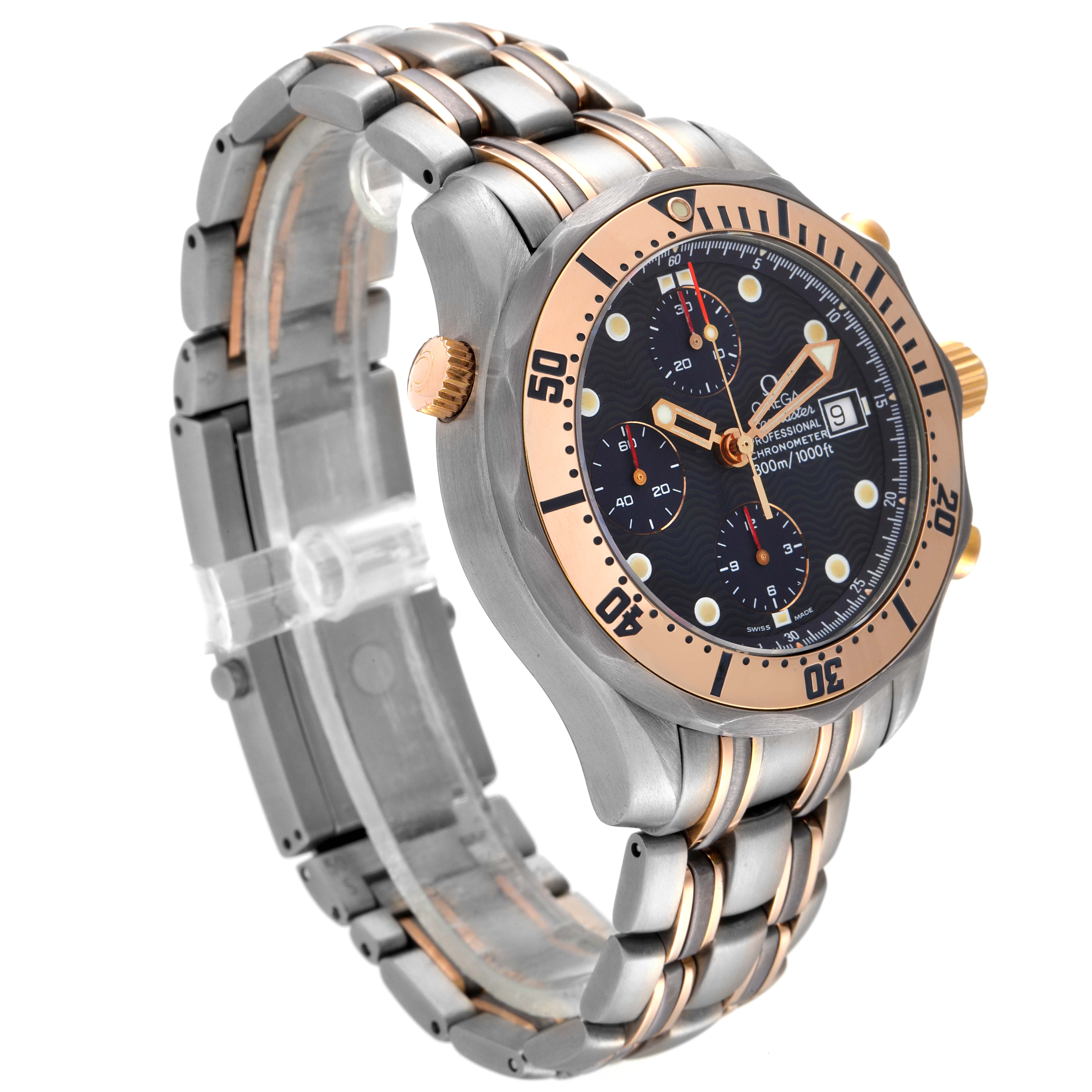 An Omega Seamaster 2296.80.00 Men's Titanium Blue Dial 2296.80.00 Men's Titanium Blue Dial watch with a side view, showing the face, bezel, crown, and part of the bracelet.