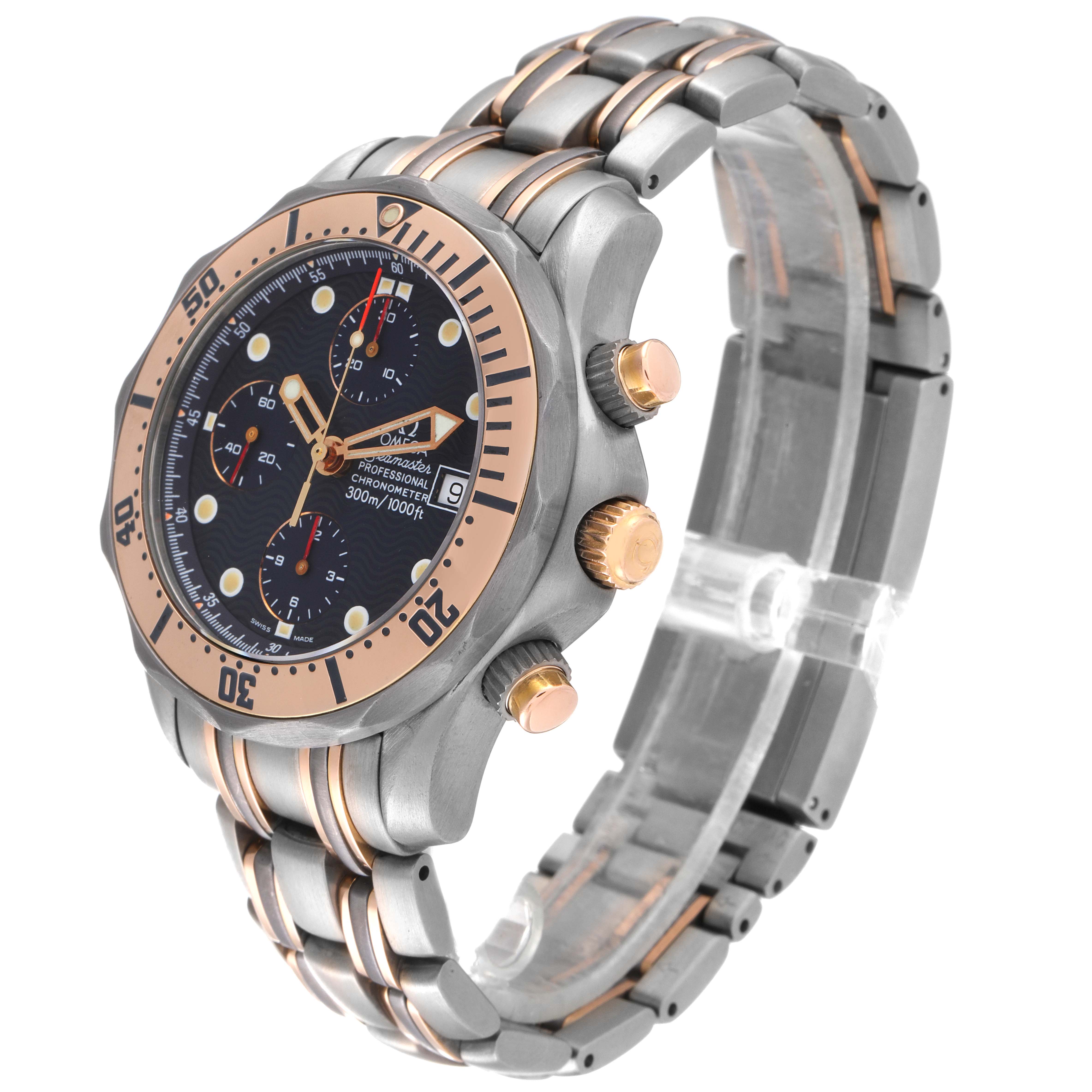 The Omega Seamaster 2296.80.00 Men's Titanium Blue Dial 2296.80.00 Men's Titanium Blue Dial watch is shown at an oblique angle highlighting the face, bezel, crown, pushers, and bracelet.