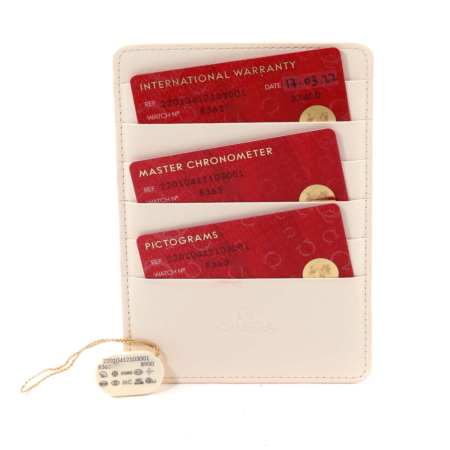 The image shows a white Omega cardholder with three red cards, including the warranty, and a tag for the Omega Aqua Terra 220.10.41.21.03.001 Men
s Stainless Steel Blue Dial 220.10.41.21.03.001 Men
s Stainless Steel Blue Dial model.