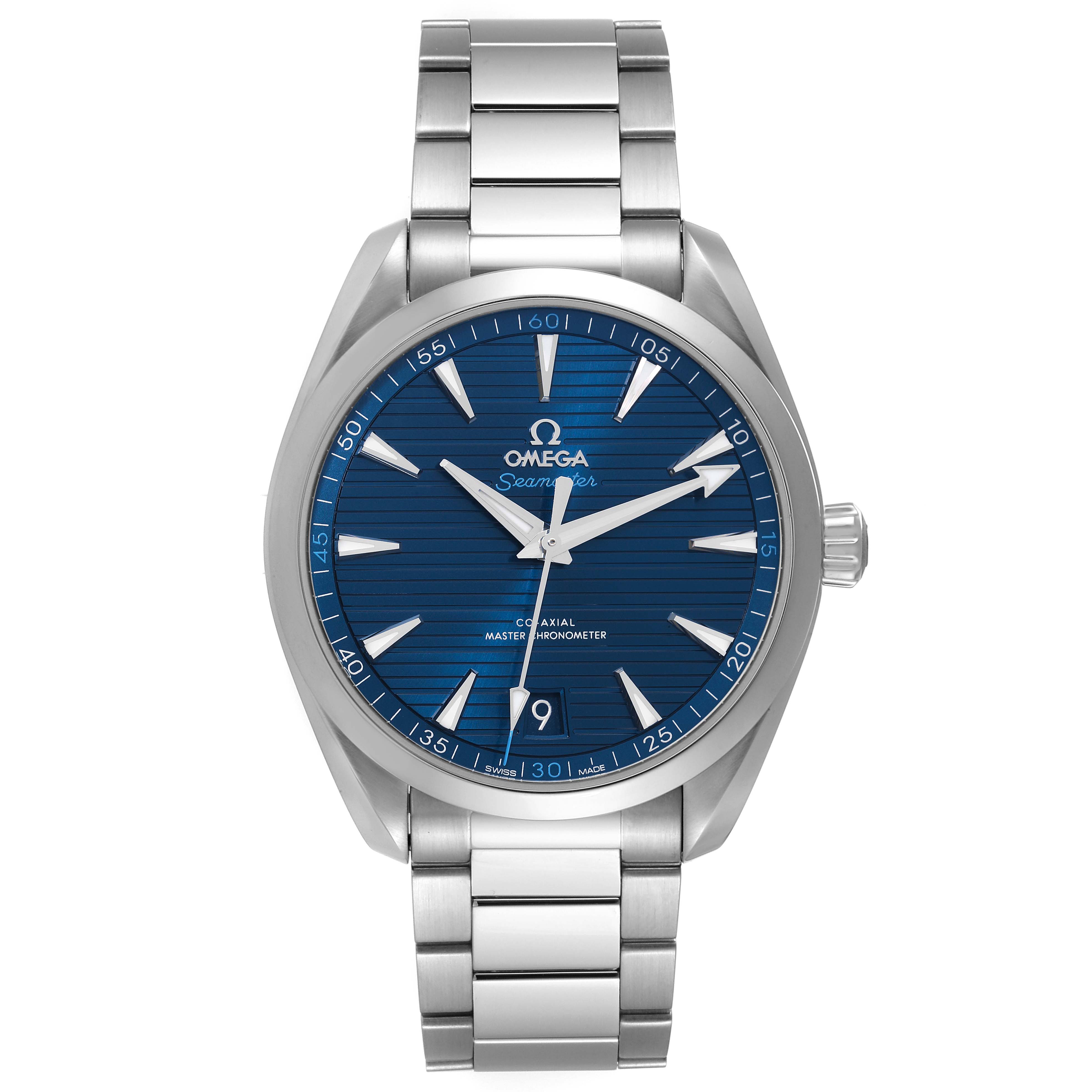The image shows a front view of an Omega Aqua Terra 220.10.41.21.03.001 Men
s Stainless Steel Blue Dial 220.10.41.21.03.001 Men
s Stainless Steel Blue Dial watch featuring its blue dial, bezel, and metal bracelet.