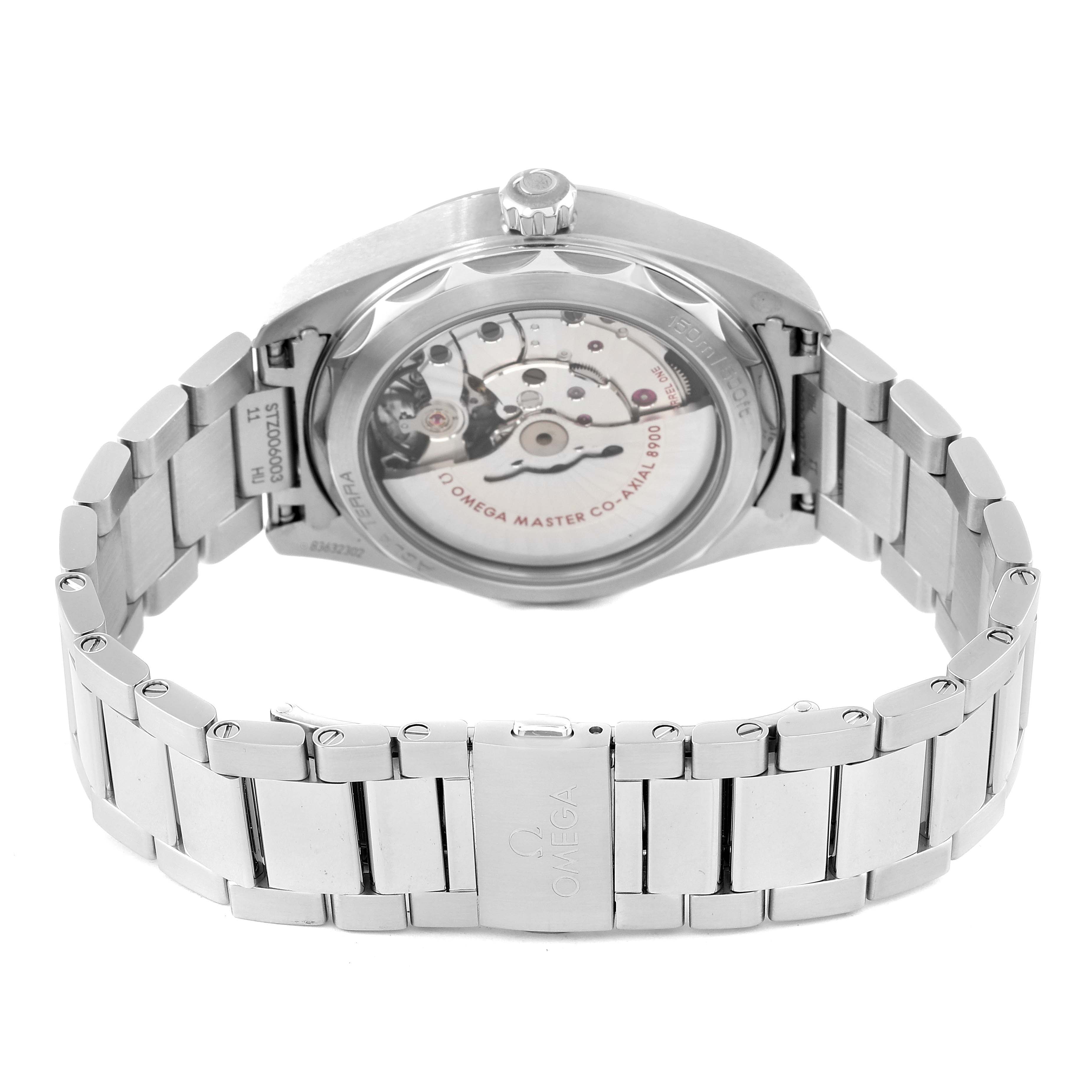 This image shows the back view of the Omega Aqua Terra 220.10.41.21.03.001 Men
s Stainless Steel Blue Dial 220.10.41.21.03.001 Men
s Stainless Steel Blue Dial watch, highlighting its movement and metallic bracelet.