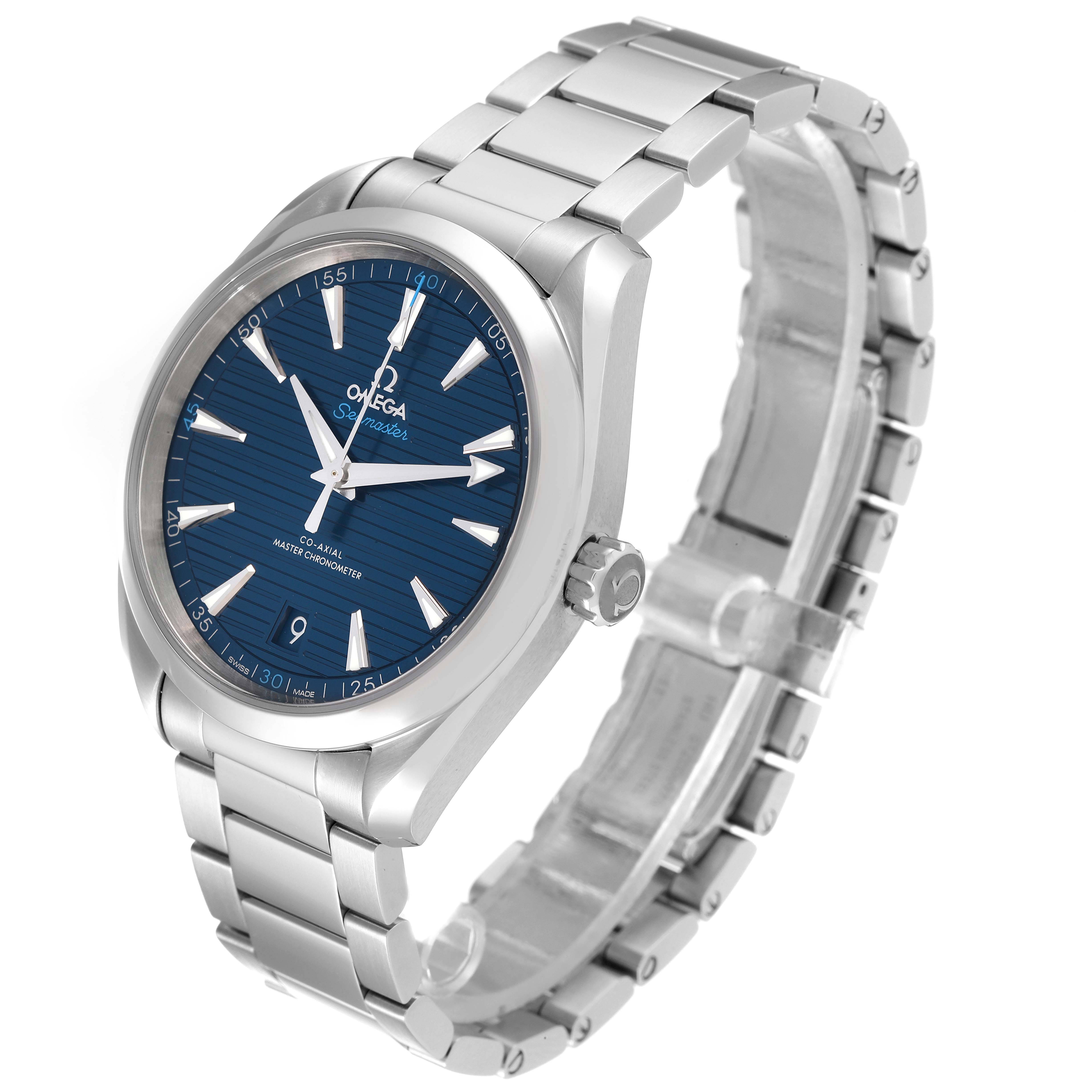 The image shows an Omega Aqua Terra 220.10.41.21.03.001 Men
s Stainless Steel Blue Dial 220.10.41.21.03.001 Men
s Stainless Steel Blue Dial watch at an angled side view, highlighting the face, bezel, crown, and bracelet.