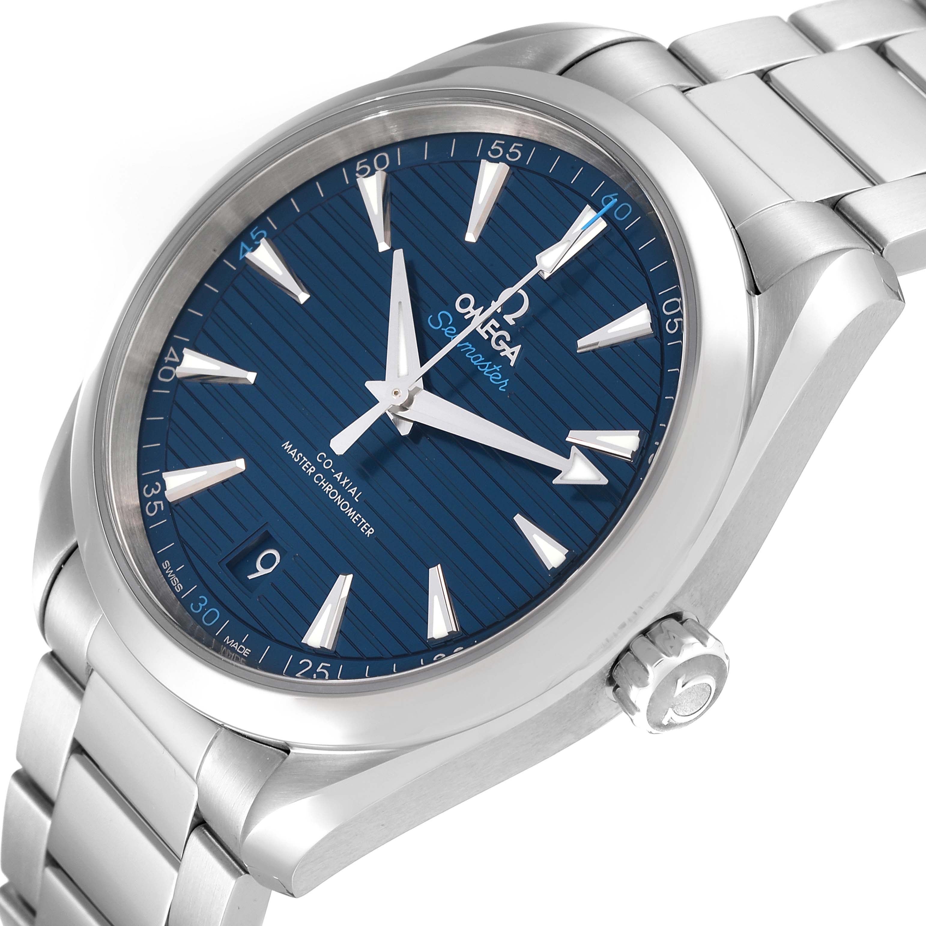The Aqua Terra model by Omega is shown at a slight side angle, displaying the blue dial, stainless steel bracelet, and crown.