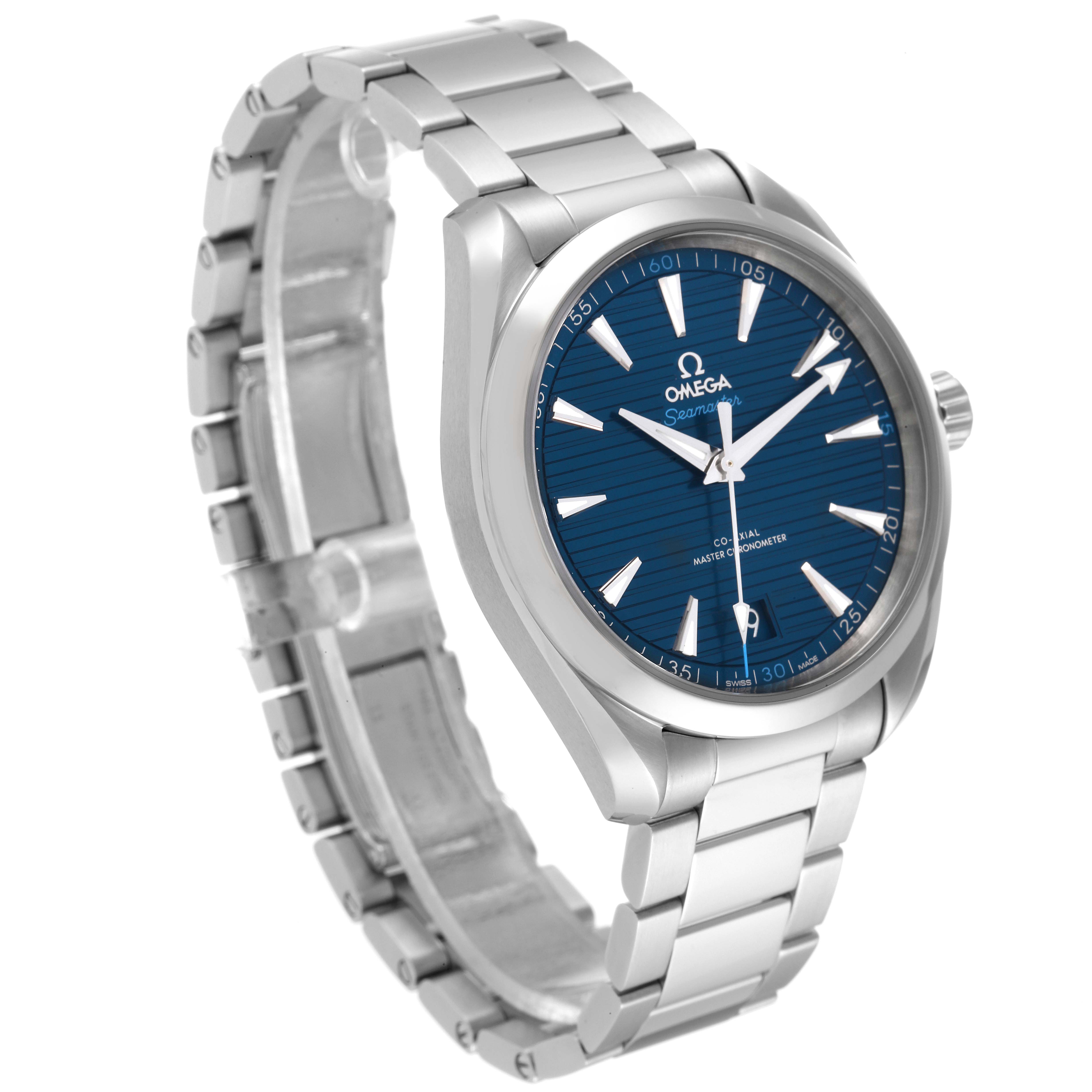 The image shows an angled front view of the Omega Aqua Terra 220.10.41.21.03.001 Men
s Stainless Steel Blue Dial 220.10.41.21.03.001 Men
s Stainless Steel Blue Dial watch, featuring its blue dial and stainless steel bracelet.