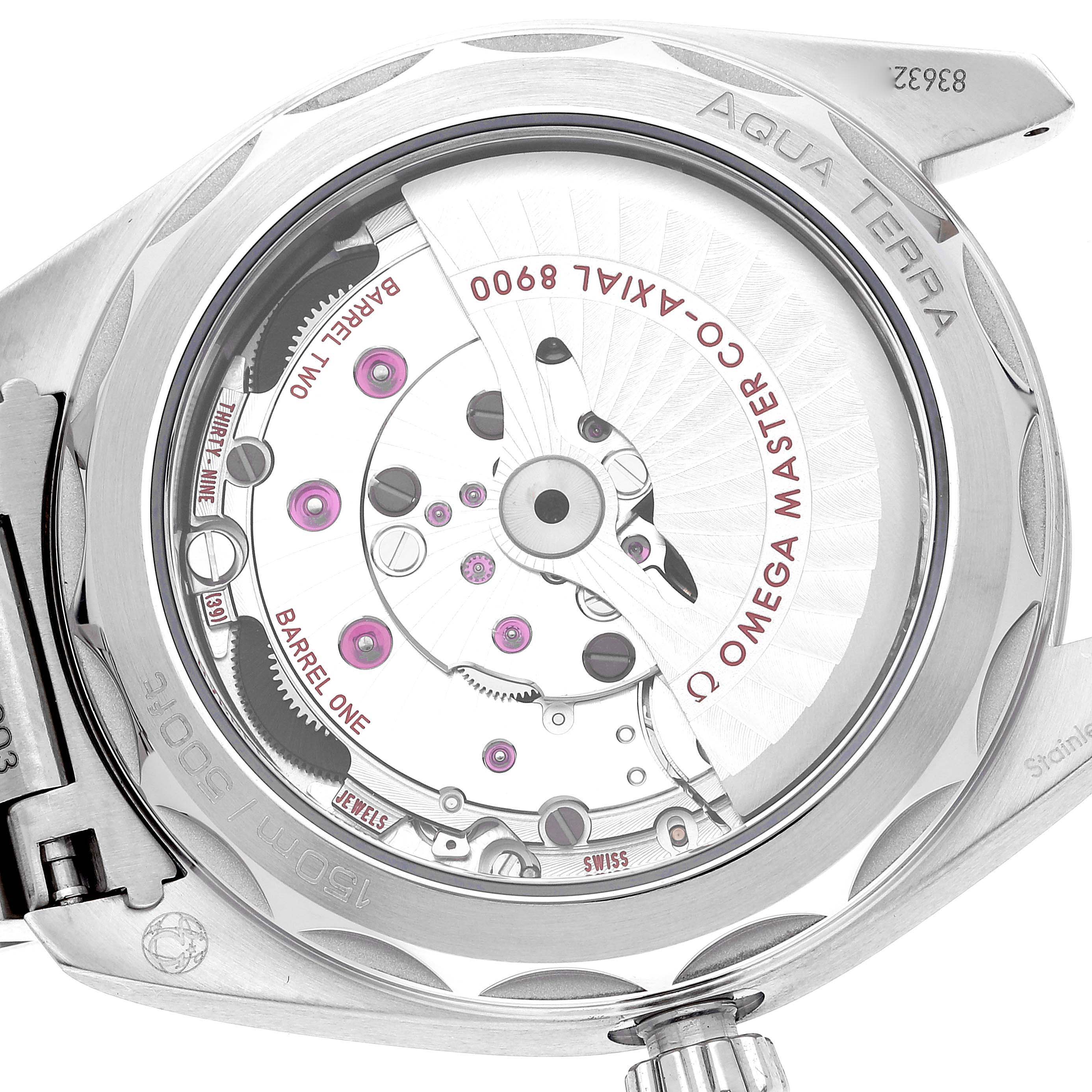 The image shows the back of an Omega Aqua Terra 220.10.41.21.03.001 Men
s Stainless Steel Blue Dial 220.10.41.21.03.001 Men
s Stainless Steel Blue Dial watch, displaying its open mechanical movement.