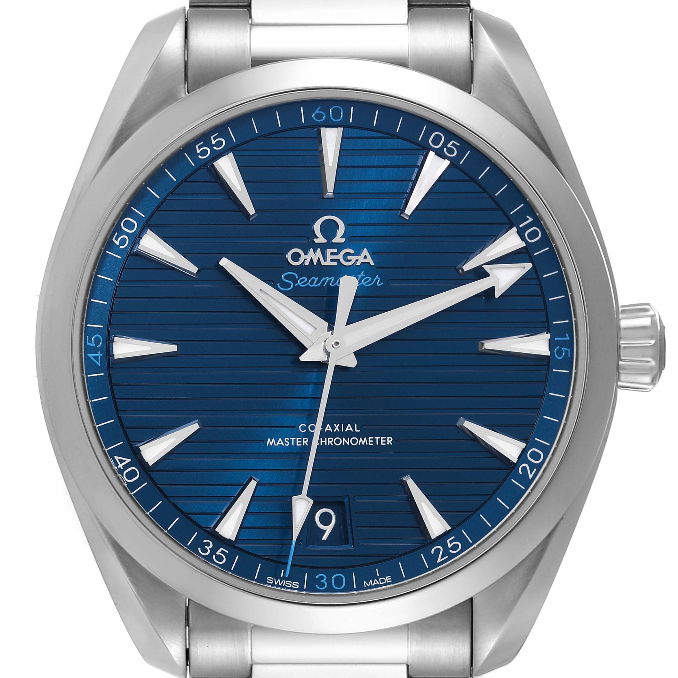 This image shows the front view of an Omega Aqua Terra 220.10.41.21.03.001 Men
s Stainless Steel Blue Dial 220.10.41.21.03.001 Men
s Stainless Steel Blue Dial model watch, highlighting its blue dial, bezel, and bracelet.