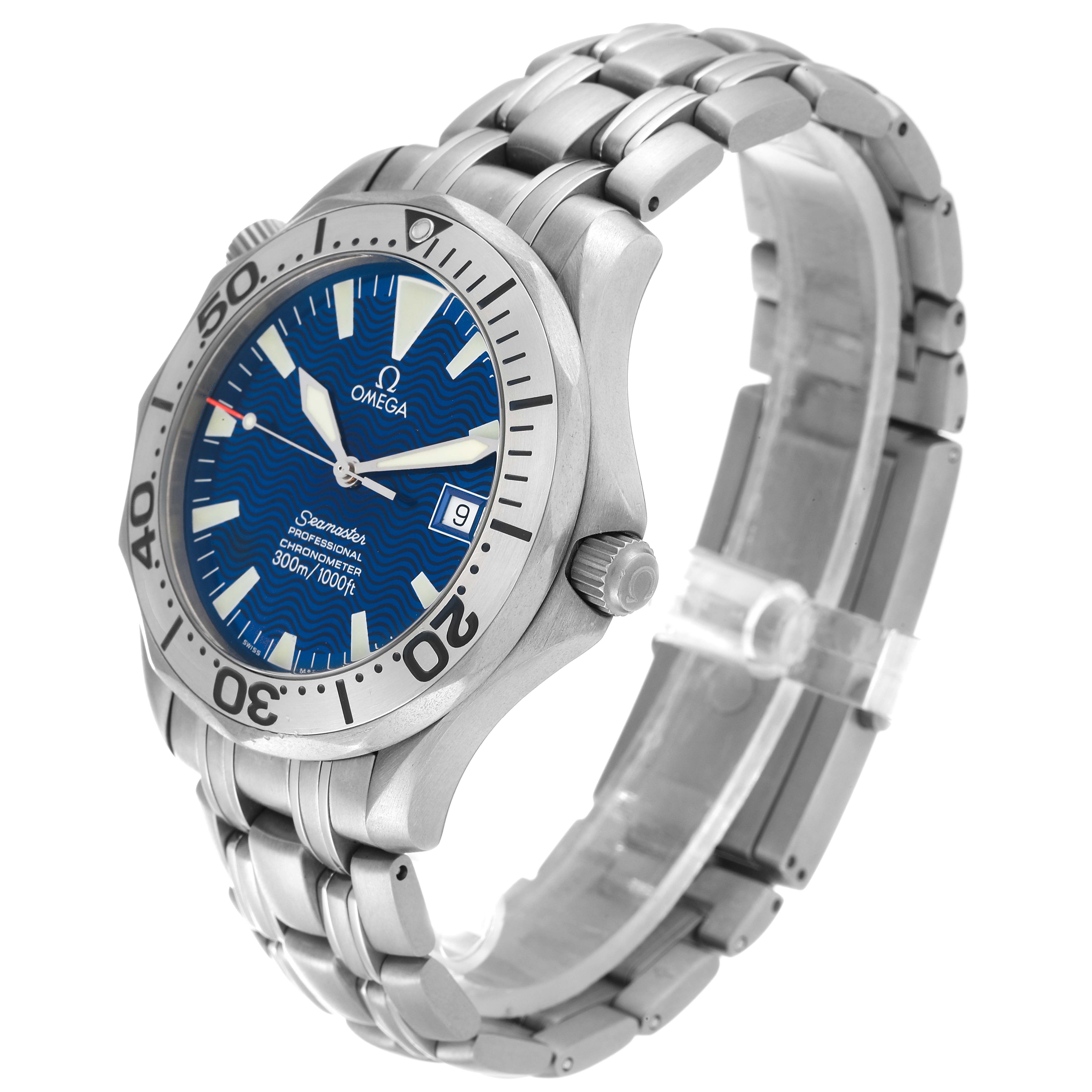 The Omega Seamaster 2231.80.00 Men's Stainless Steel Blue Dial 2231.80.00 Men's Stainless Steel Blue Dial watch is shown at a slight angle, highlighting its blue dial, bezel, and metal bracelet.