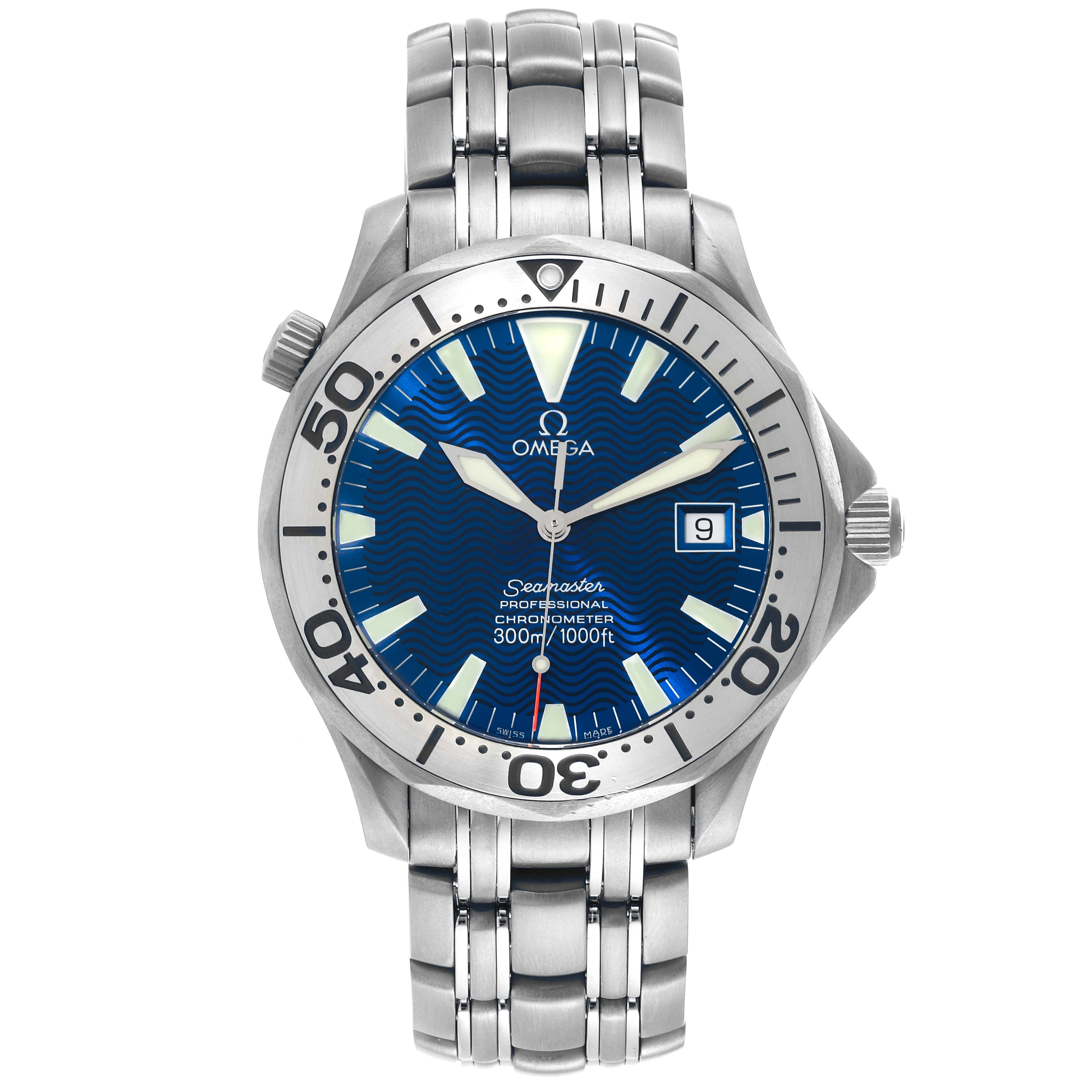 The image shows a front view of an Omega Seamaster 2231.80.00 Men's Stainless Steel Blue Dial 2231.80.00 Men's Stainless Steel Blue Dial watch, displaying the dial, bezel, crown, and part of the bracelet.