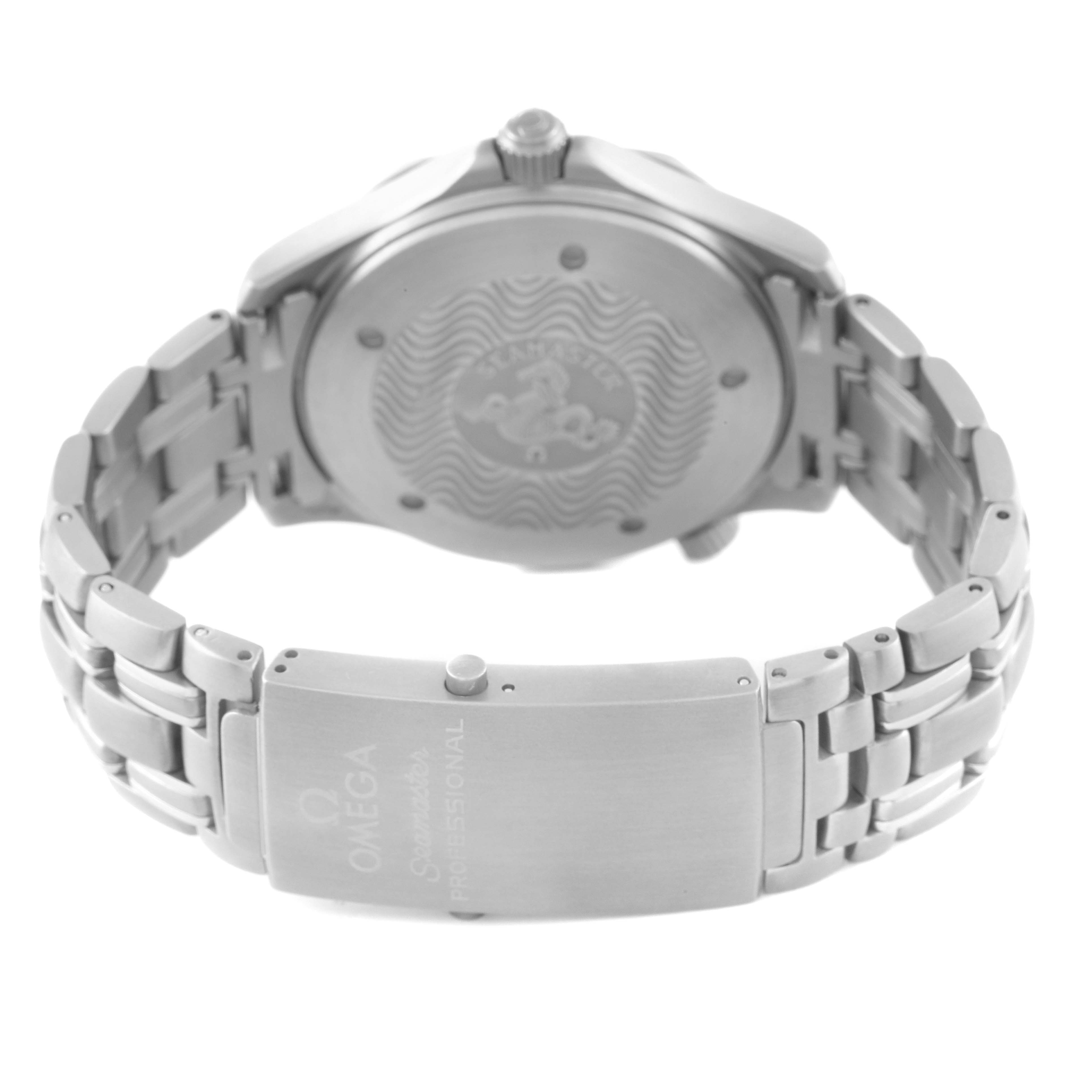 This image shows the back view of an Omega Seamaster 2231.80.00 Men's Stainless Steel Blue Dial 2231.80.00 Men's Stainless Steel Blue Dial watch, highlighting the case back and bracelet clasp.