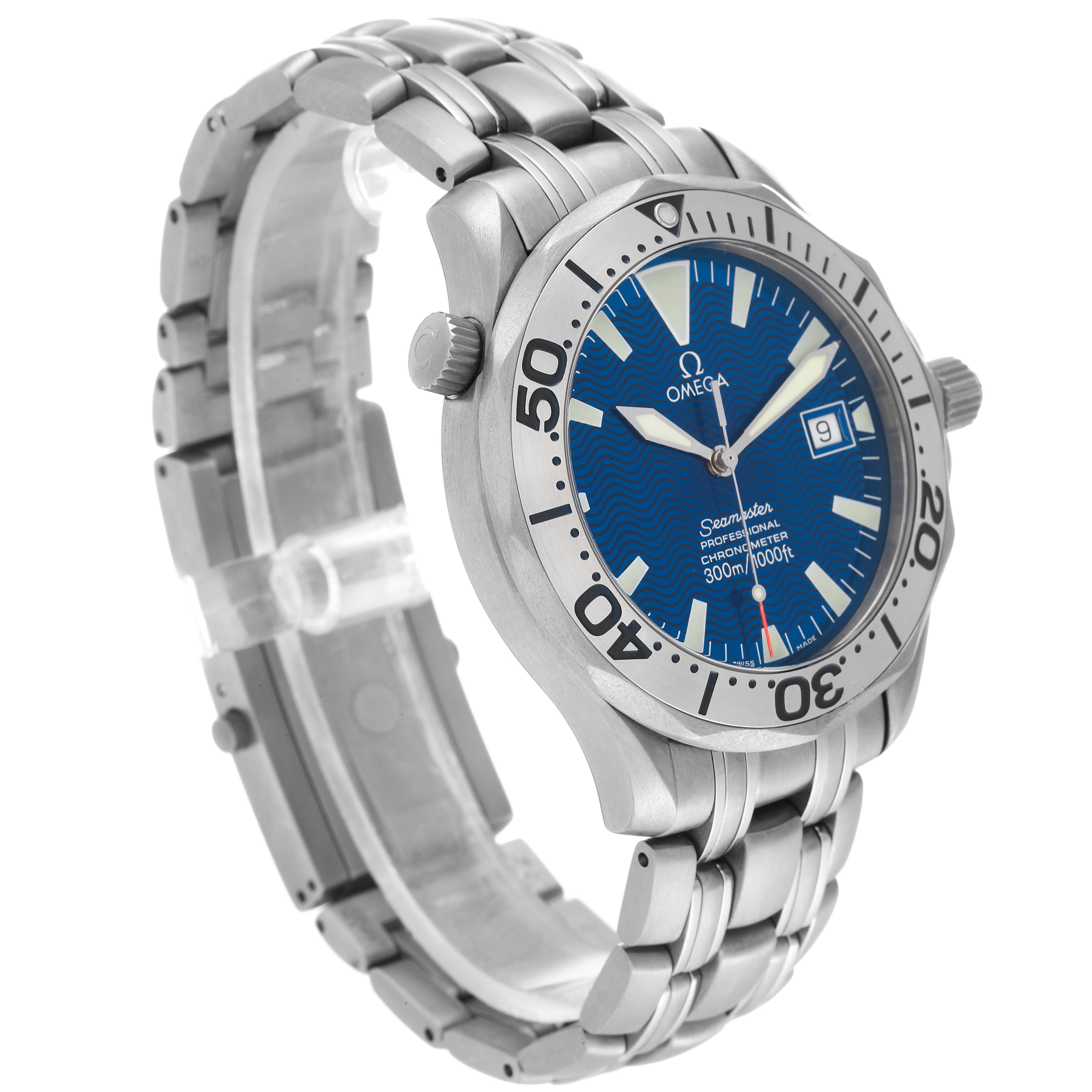 The image shows an angled side view of an Omega Seamaster 2231.80.00 Men's Stainless Steel Blue Dial 2231.80.00 Men's Stainless Steel Blue Dial watch, highlighting its bracelet, bezel, and blue dial.