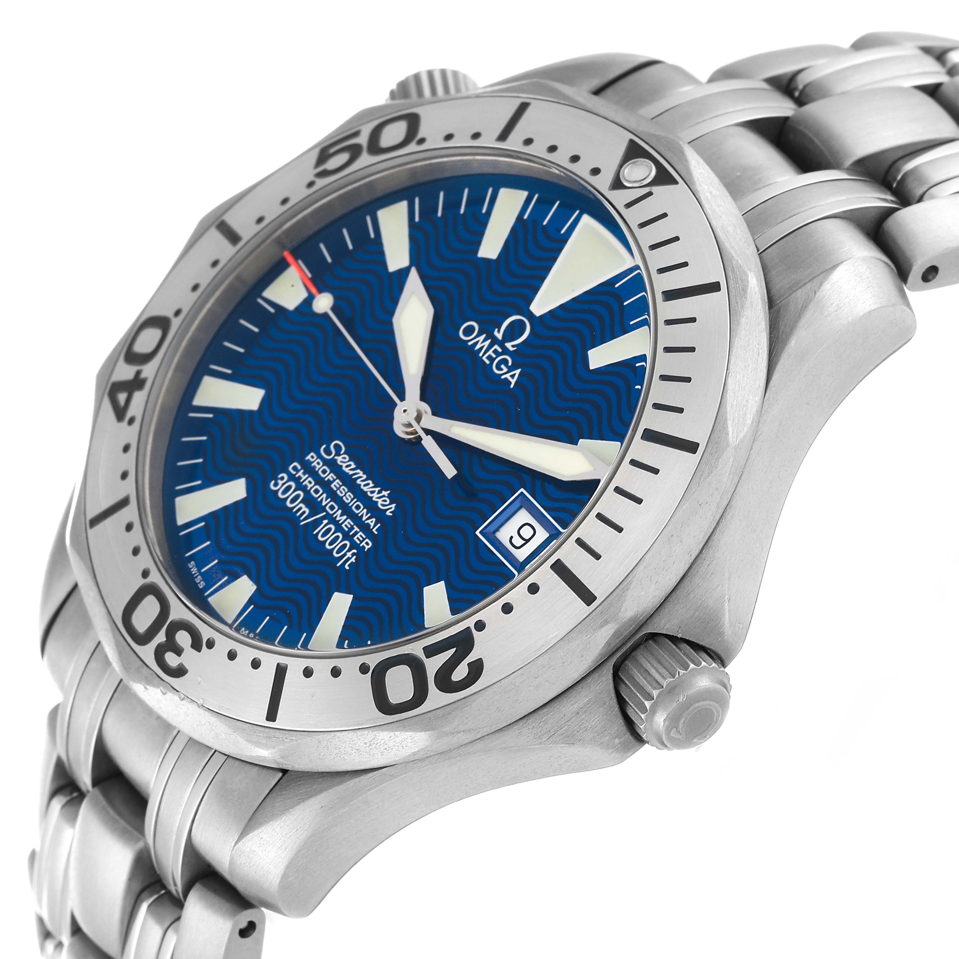 The Omega Seamaster 2231.80.00 Men's Stainless Steel Blue Dial 2231.80.00 Men's Stainless Steel Blue Dial watch is shown at an angle displaying the face, bezel, crown, and part of the stainless steel bracelet.