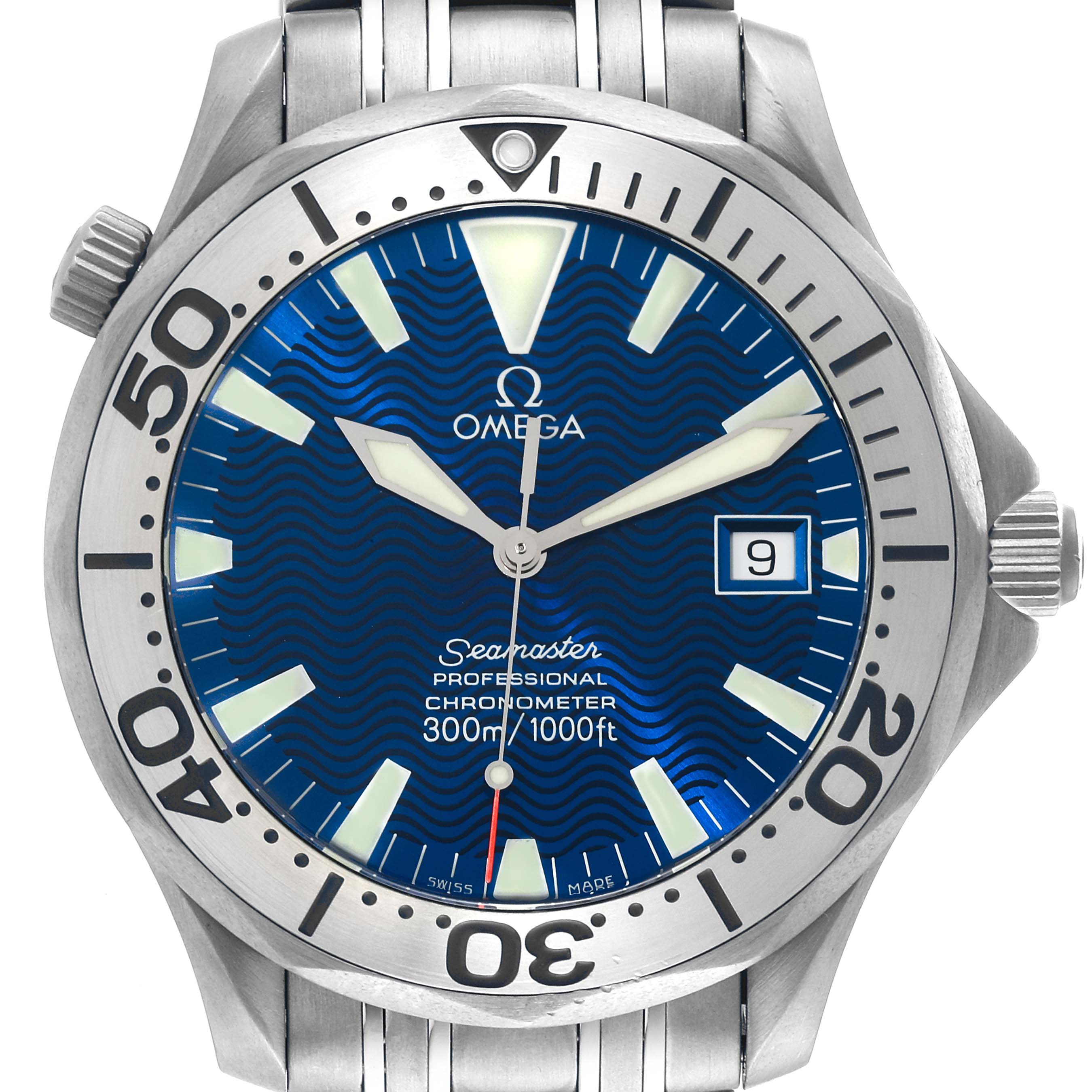 The image shows a front view of the Omega Seamaster 2231.80.00 Men's Stainless Steel Blue Dial 2231.80.00 Men's Stainless Steel Blue Dial watch, highlighting the face, bezel, and part of the stainless steel bracelet.