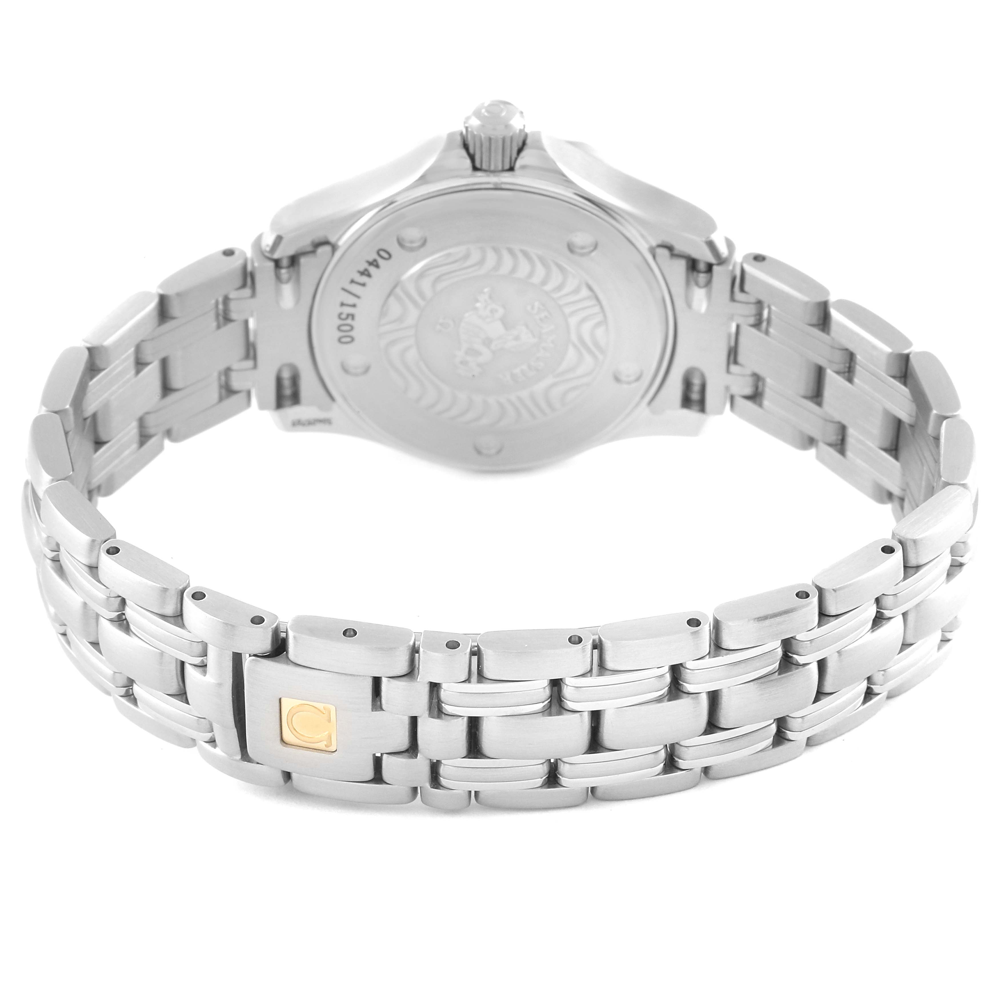 The image shows the back view of the Omega 2584.80.00 Women's Stainless Steel Blue Dial 2584.80.00 Women's Stainless Steel Blue Dial Seamaster Diver 300M Quartz 28mm Steel Ladies Watch 2584.80.00, focusing on the bracelet and clasp.