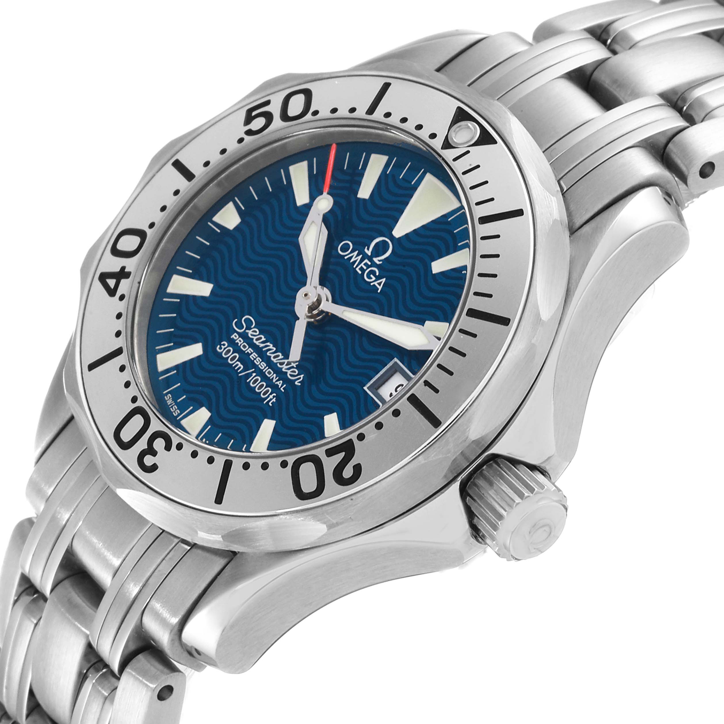 The image shows a side angle of the Omega 2584.80.00 Women's Stainless Steel Blue Dial 2584.80.00 Women's Stainless Steel Blue Dial Seamaster Diver 300M Quartz 28mm Steel Ladies Watch 2584.80.00, highlighting the bezel and crown.