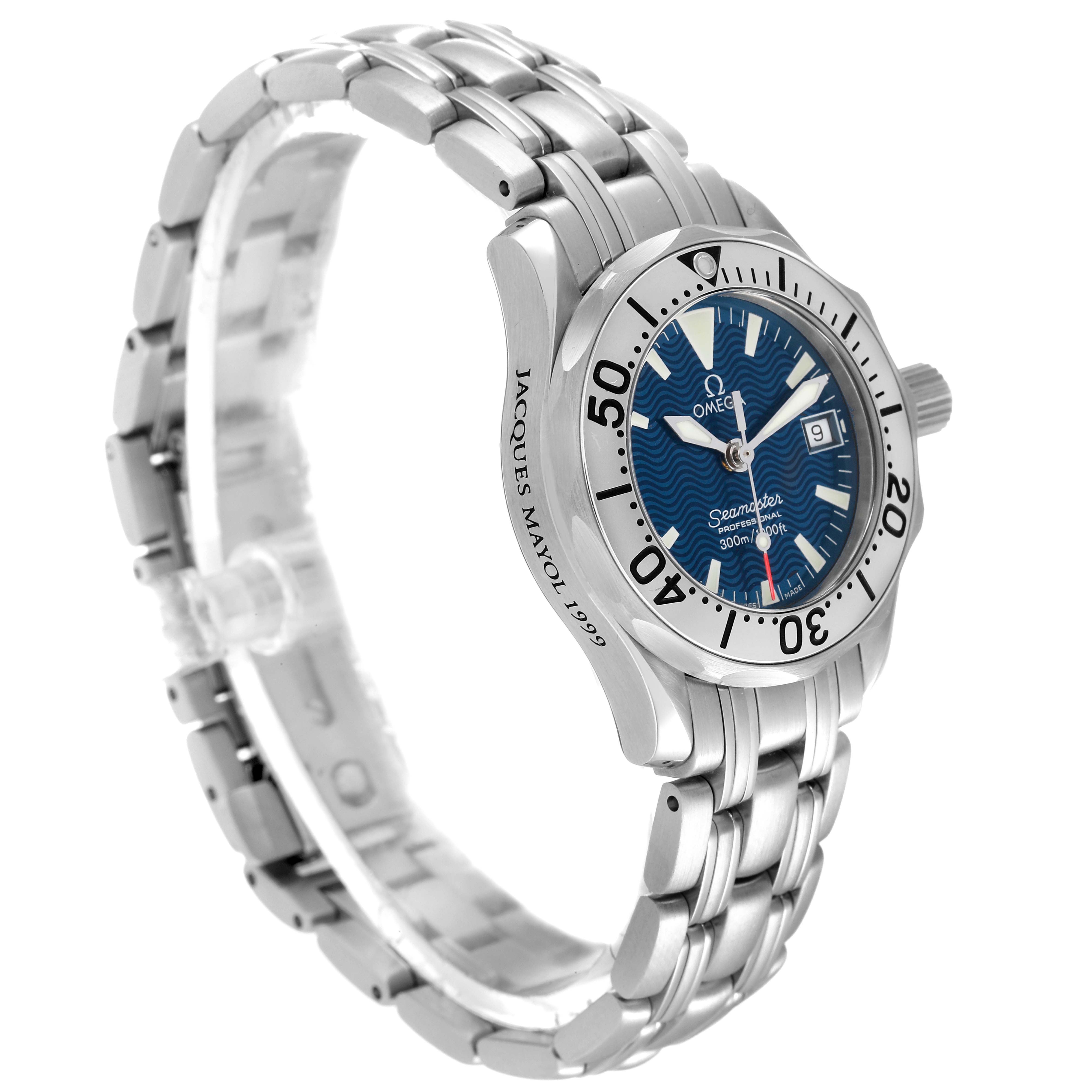 The image shows an Omega 2584.80.00 Women's Stainless Steel Blue Dial 2584.80.00 Women's Stainless Steel Blue Dial Seamaster Diver 300M 28mm Steel Ladies Watch (model 2584.80.00) from a side angle, highlighting its bracelet and dial.