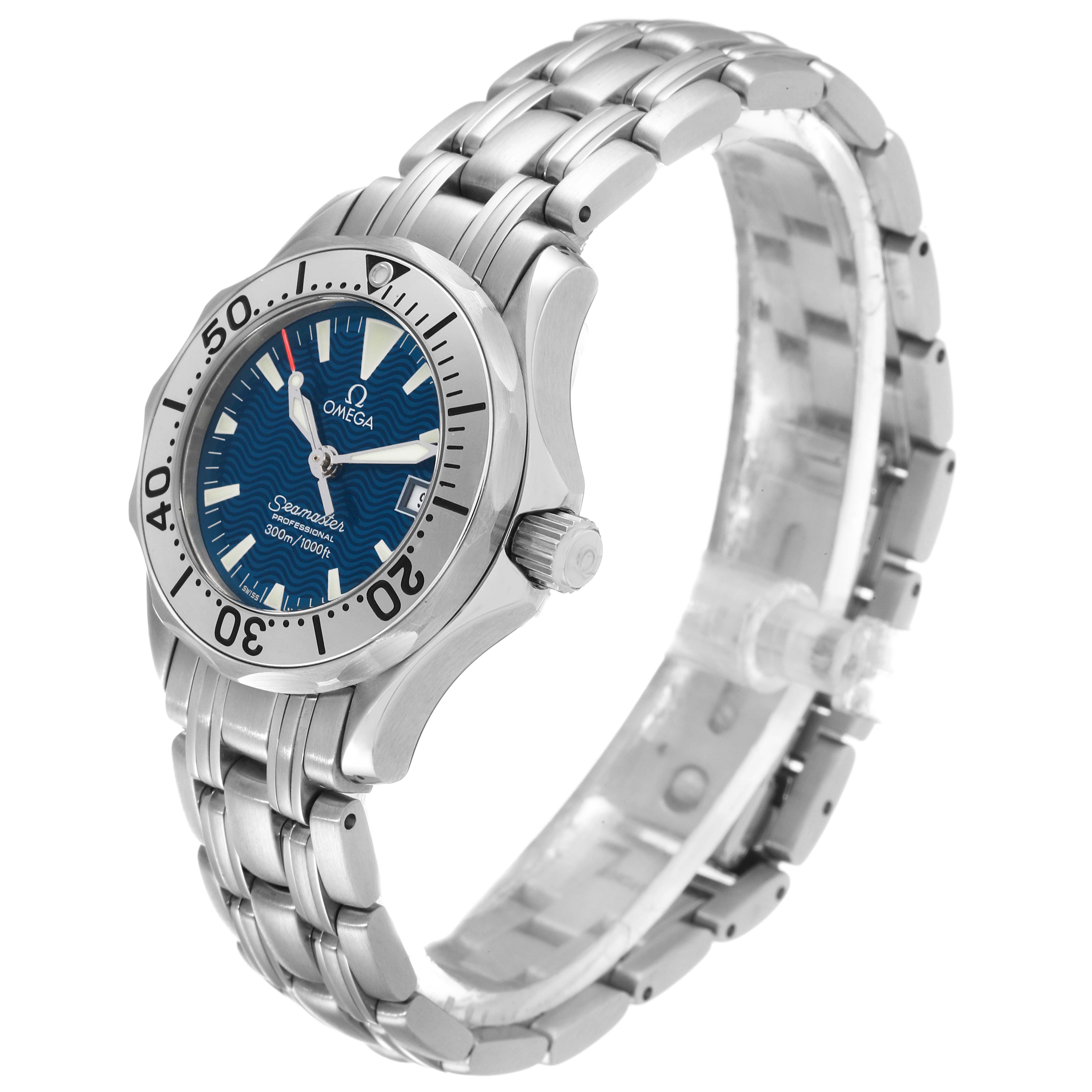 This image shows an angled side view of the Omega 2584.80.00 Women's Stainless Steel Blue Dial 2584.80.00 Women's Stainless Steel Blue Dial Seamaster Diver 300M Quartz 28mm Steel Ladies Watch 2584.80.00.