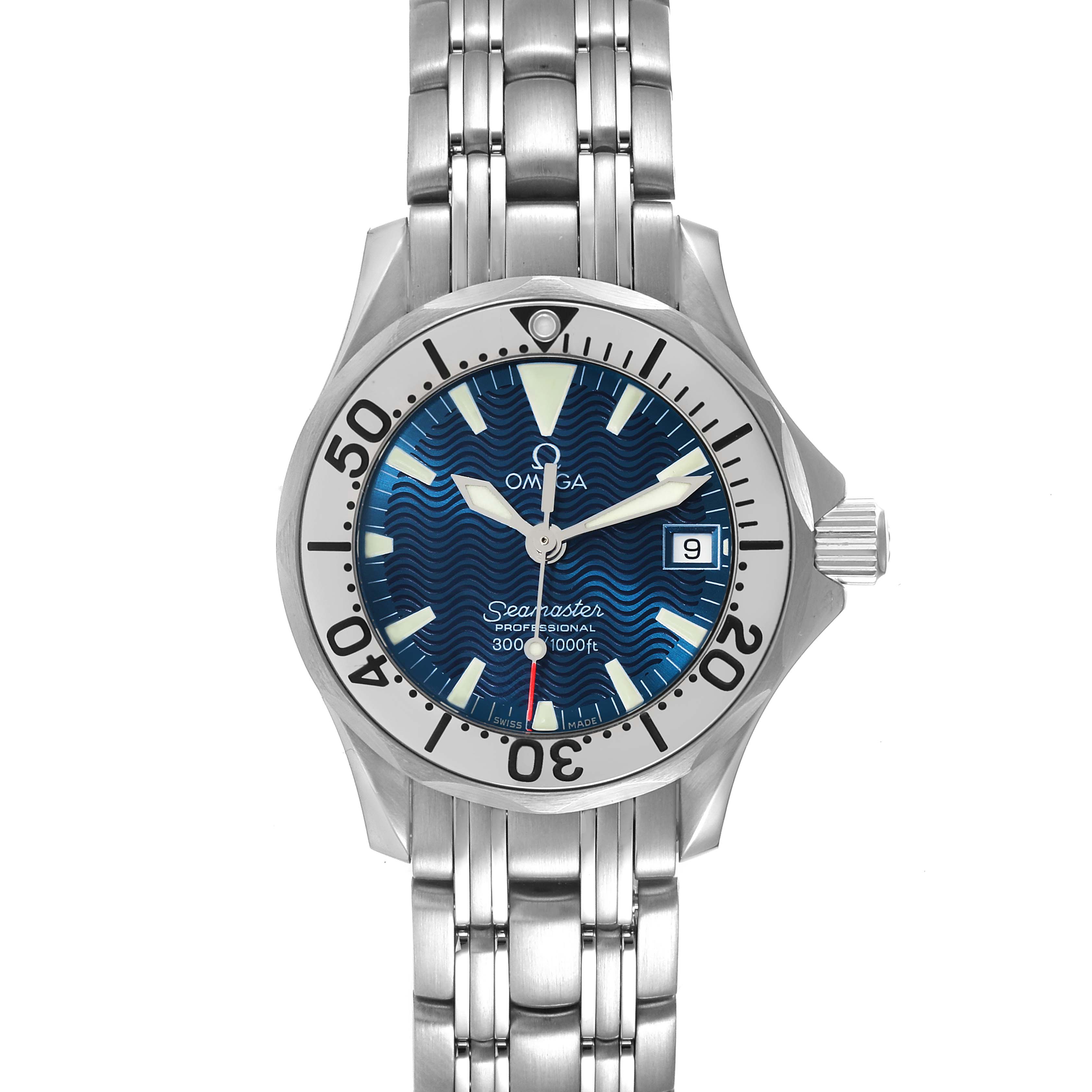 The Omega 2584.80.00 Women's Stainless Steel Blue Dial 2584.80.00 Women's Stainless Steel Blue Dial Seamaster Diver 300M Quartz 28mm Steel Ladies Watch model 2584.80.00 is shown from a front view, displaying its dial, bezel, crown, and bracelet.