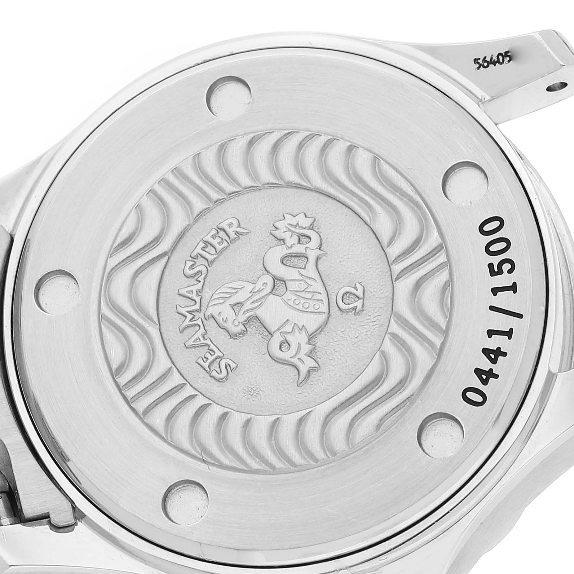 This image shows the case back of an Omega 2584.80.00 Women's Stainless Steel Blue Dial 2584.80.00 Women's Stainless Steel Blue Dial Seamaster Diver 300M Quartz 28mm Steel Ladies Watch 2584.80.00.