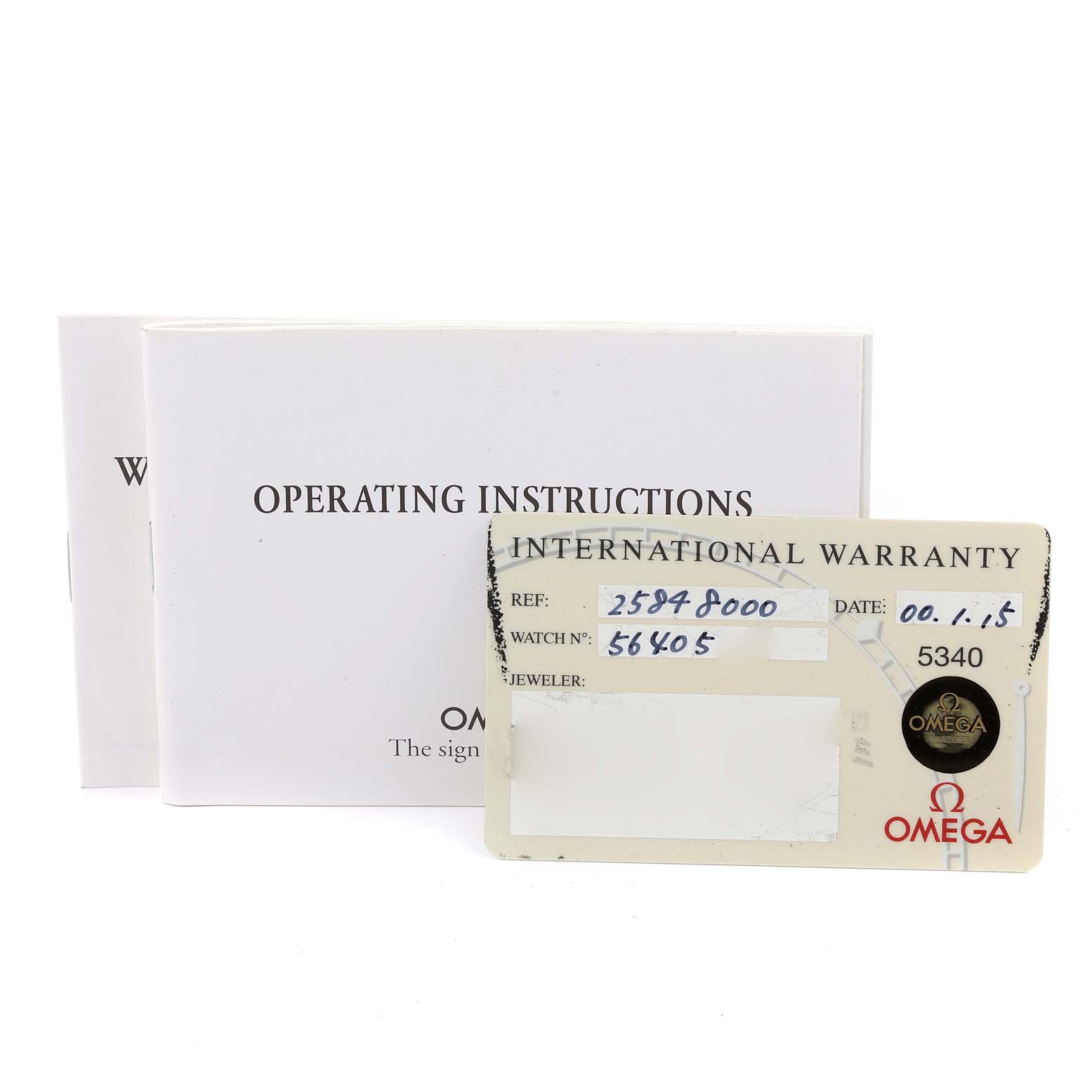 The image shows the operating instructions and international warranty card for the Omega 2584.80.00 Women's Stainless Steel Blue Dial 2584.80.00 Women's Stainless Steel Blue Dial Seamaster Diver 300M Quartz 28mm Steel Ladies Watch 2584.80.00.