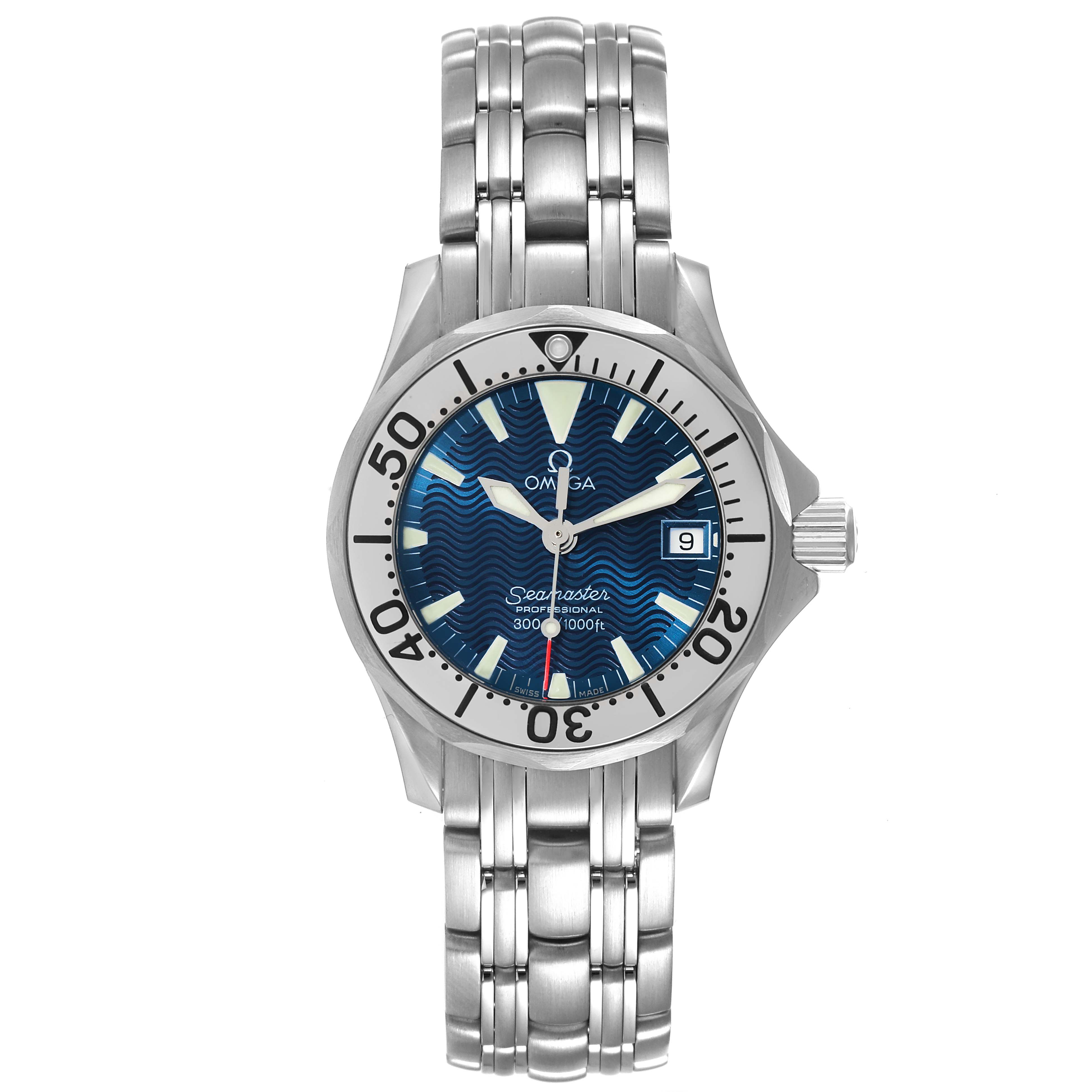 The image shows a front view of the Omega 2584.80.00 Women's Stainless Steel Blue Dial 2584.80.00 Women's Stainless Steel Blue Dial Seamaster Diver 300M Quartz 28mm Steel Ladies Watch 2584.80.00, highlighting its dial and bracelet.