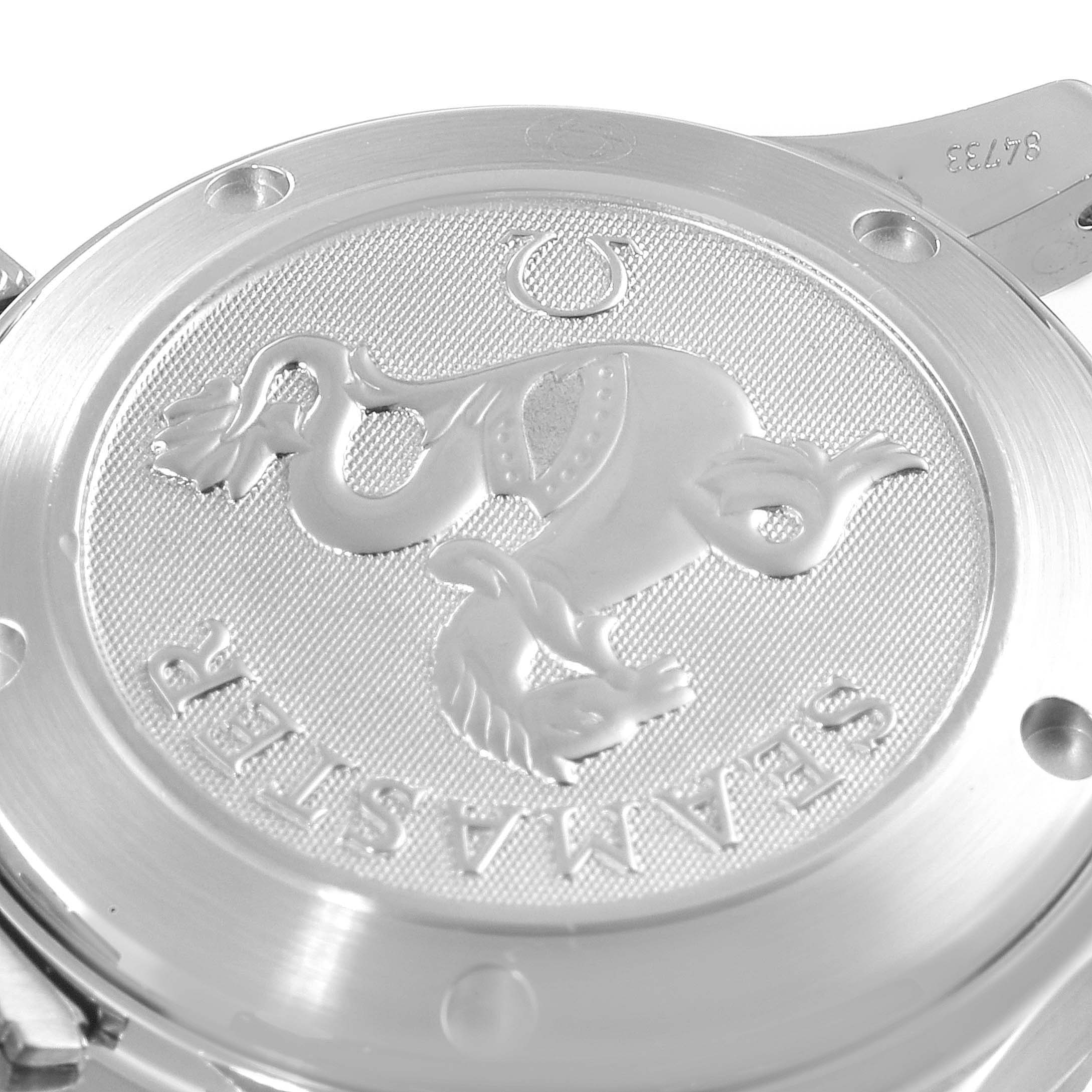 The image shows the backside of an Omega Seamaster 2222.80.00 Men's Stainless Steel Blue Dial 2222.80.00 Men's Stainless Steel Blue Dial watch, focusing on its engraved case back.