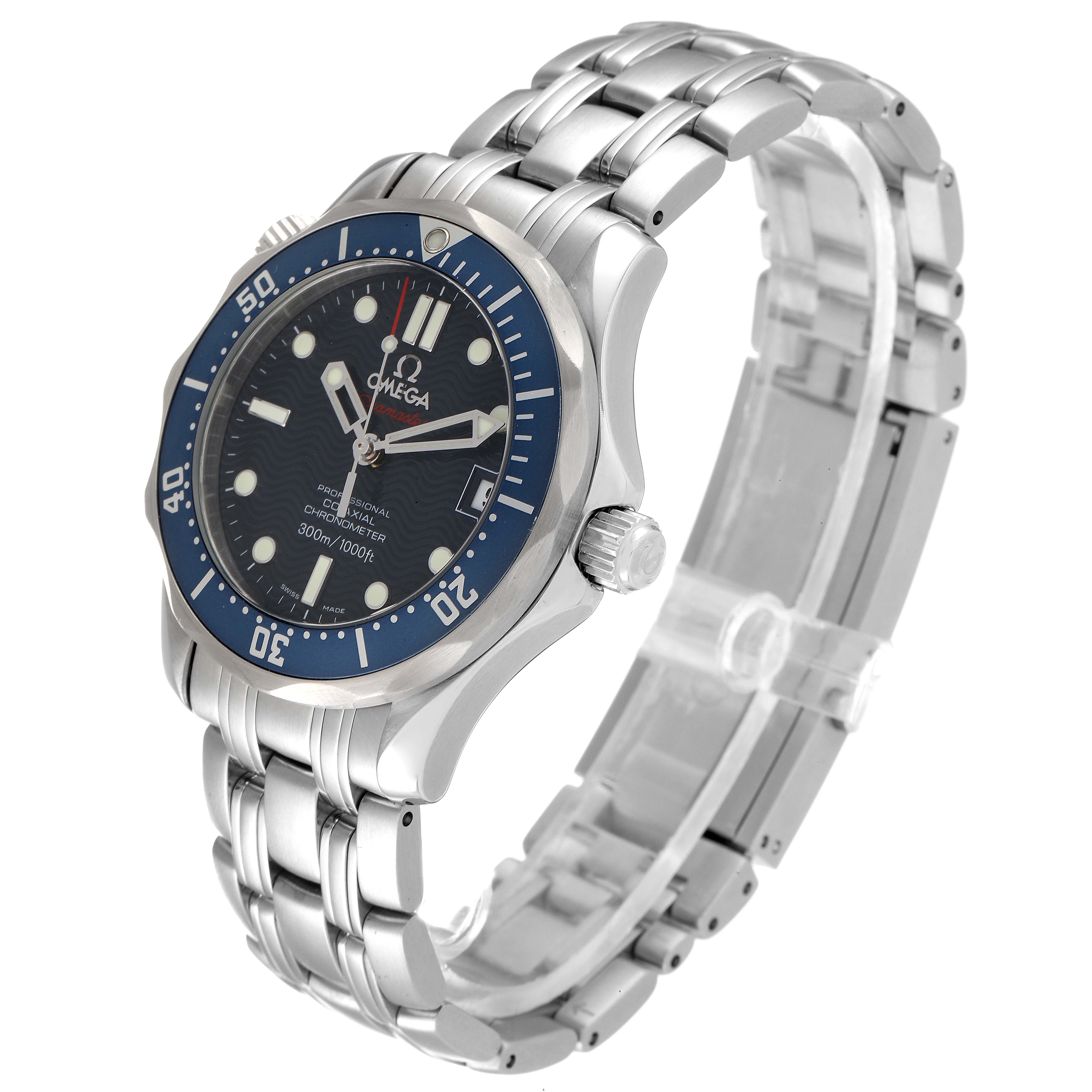 The Omega Seamaster 2222.80.00 Men's Stainless Steel Blue Dial 2222.80.00 Men's Stainless Steel Blue Dial watch is shown at a three-quarter angle, highlighting the face, bezel, crown, and metal bracelet.
