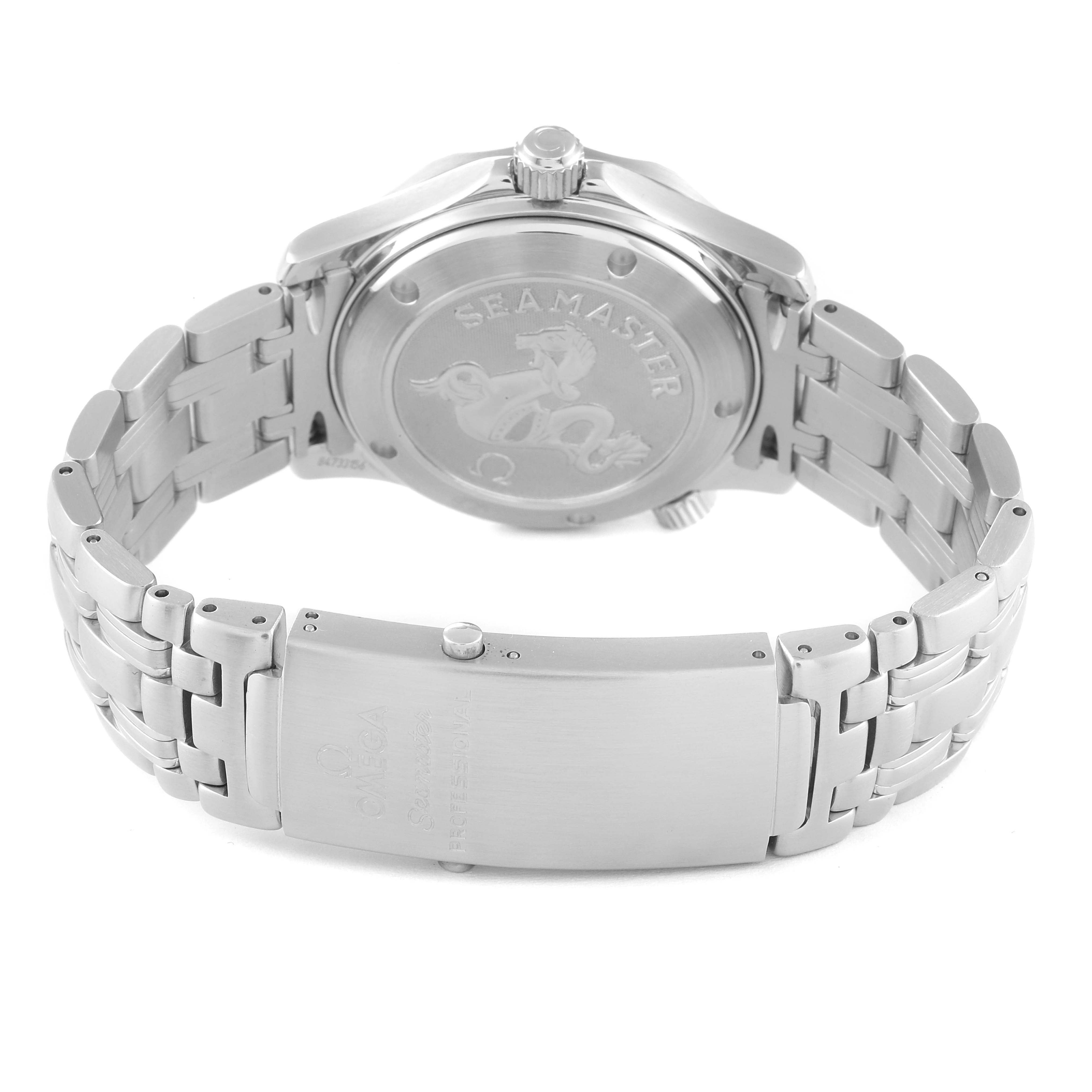 The image shows the back and bracelet of an Omega Seamaster 2222.80.00 Men's Stainless Steel Blue Dial 2222.80.00 Men's Stainless Steel Blue Dial watch, highlighting the case back and the clasp.