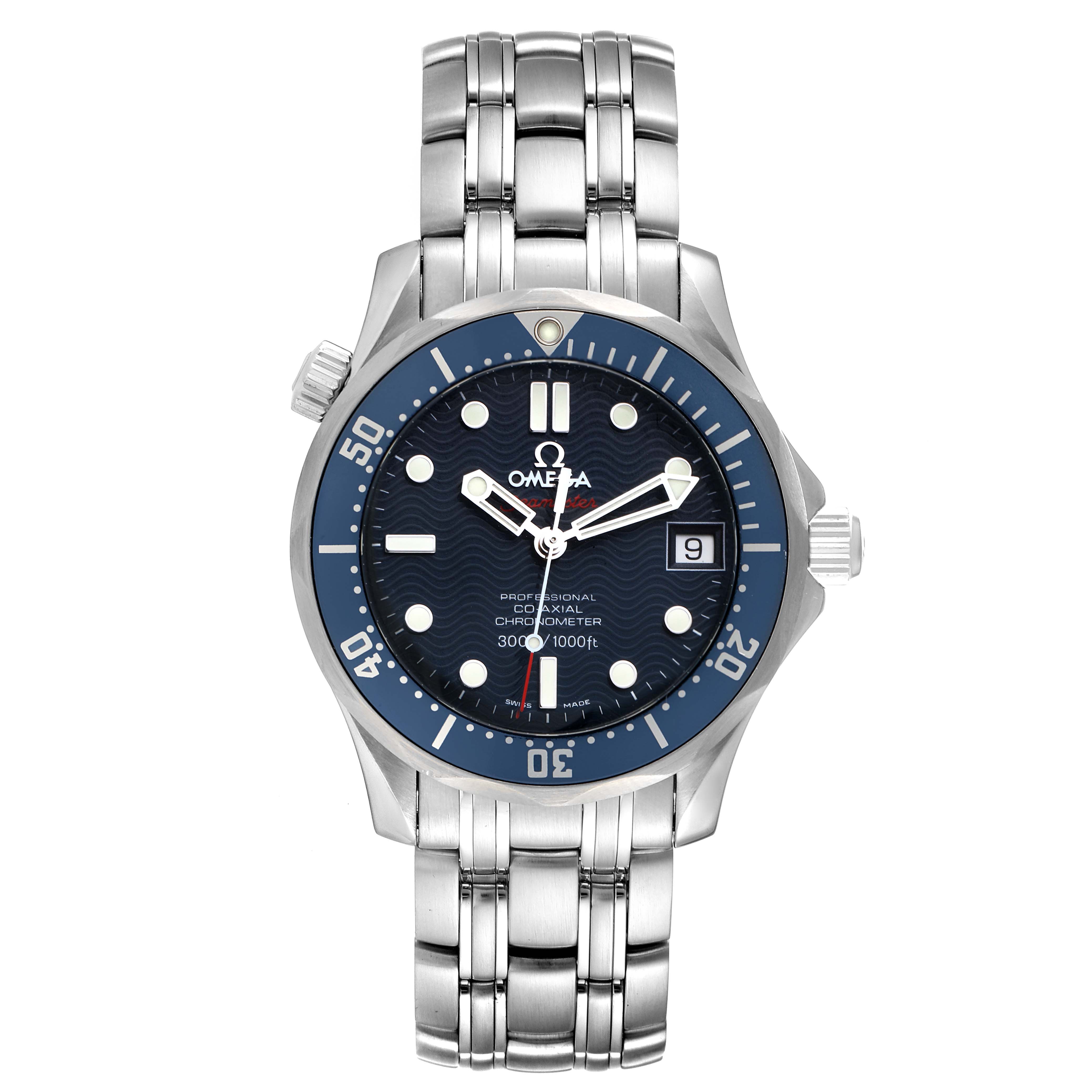The image shows a front view of an Omega Seamaster 2222.80.00 Men's Stainless Steel Blue Dial 2222.80.00 Men's Stainless Steel Blue Dial watch, highlighting the dial, bezel, and bracelet.