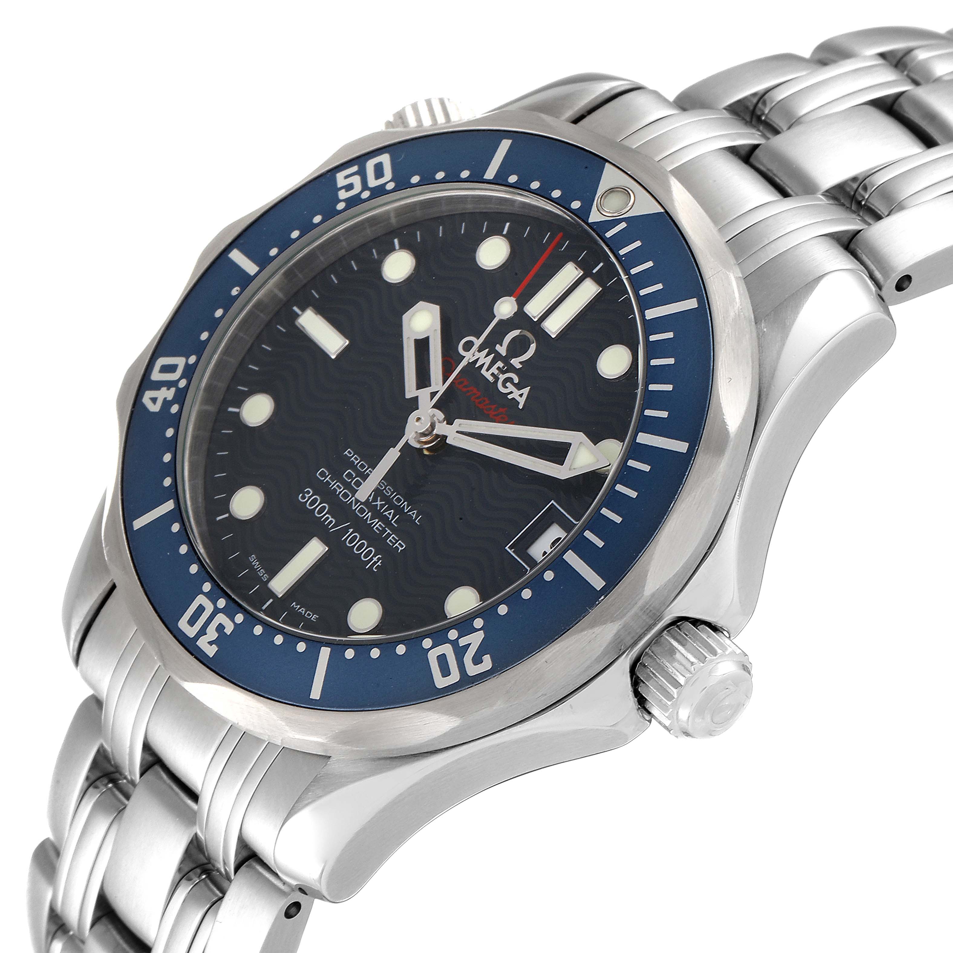 The Omega Seamaster 2222.80.00 Men's Stainless Steel Blue Dial 2222.80.00 Men's Stainless Steel Blue Dial watch is shown at a slightly tilted angle, highlighting the blue dial, bezel, crown, markers, and stainless steel bracelet.