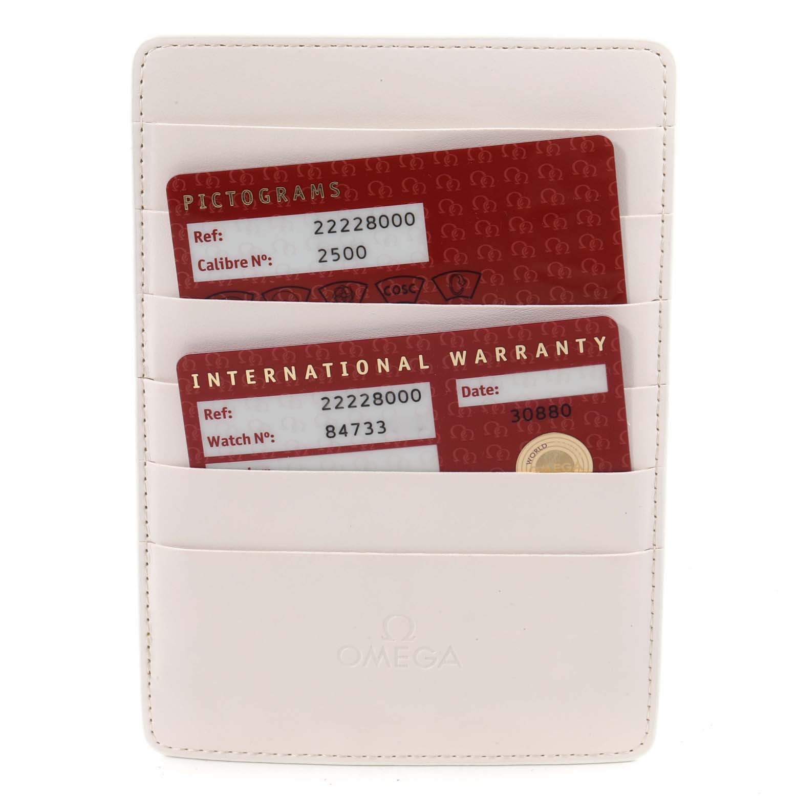 The image shows an Omega Seamaster 2222.80.00 Men's Stainless Steel Blue Dial 2222.80.00 Men's Stainless Steel Blue Dial model's warranty card holder with two warranty and pictogram cards visible.