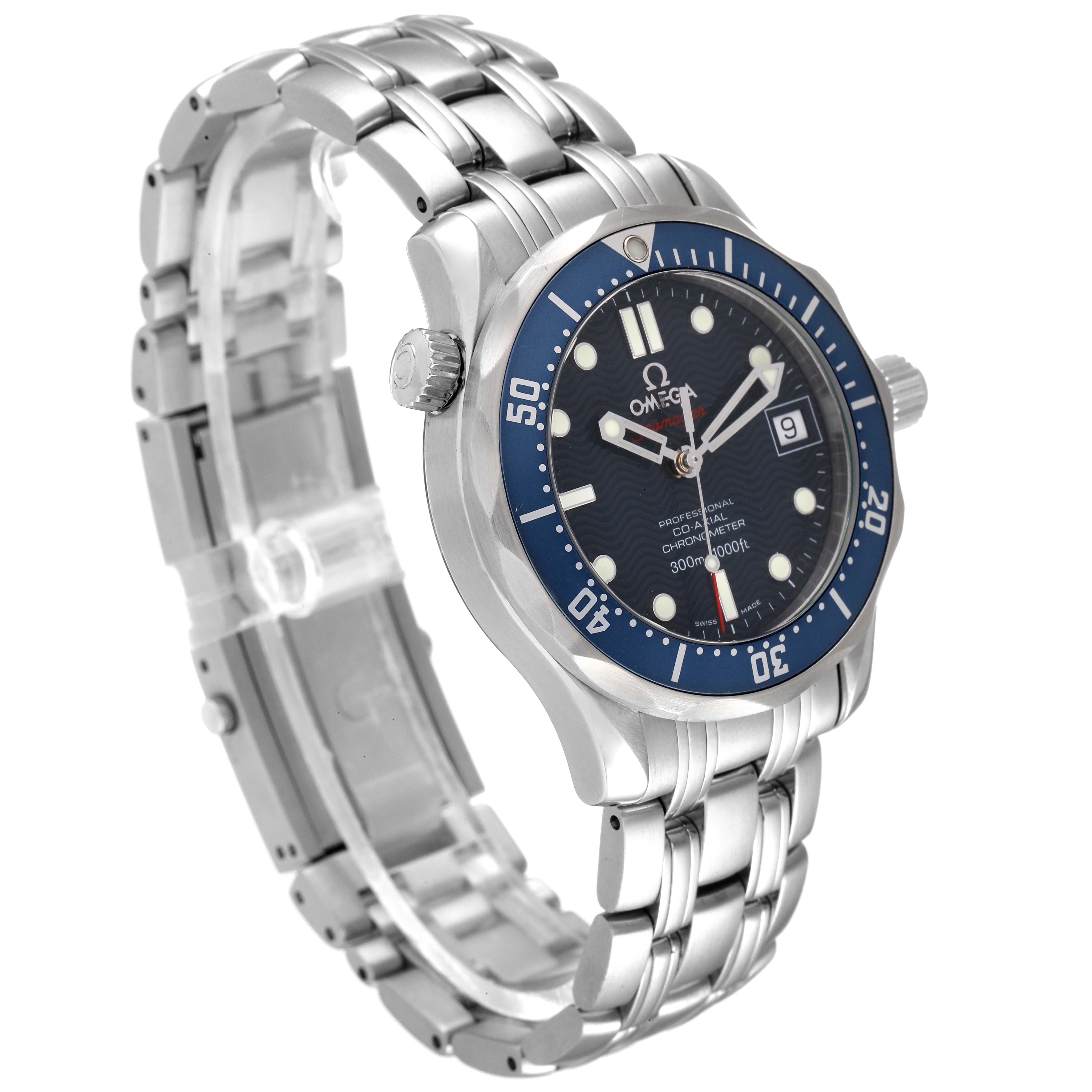 The image shows a three-quarter view of the Omega Seamaster 2222.80.00 Men's Stainless Steel Blue Dial 2222.80.00 Men's Stainless Steel Blue Dial watch, highlighting its bracelet, blue dial, bezel, and crown.