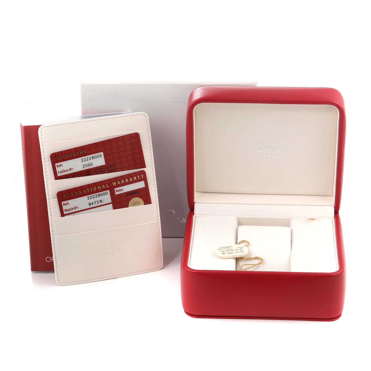 The image shows an Omega Seamaster 2222.80.00 Men's Stainless Steel Blue Dial 2222.80.00 Men's Stainless Steel Blue Dial watch box, warranty cards, and a booklet, displayed at an angle showcasing the open case and documentation.