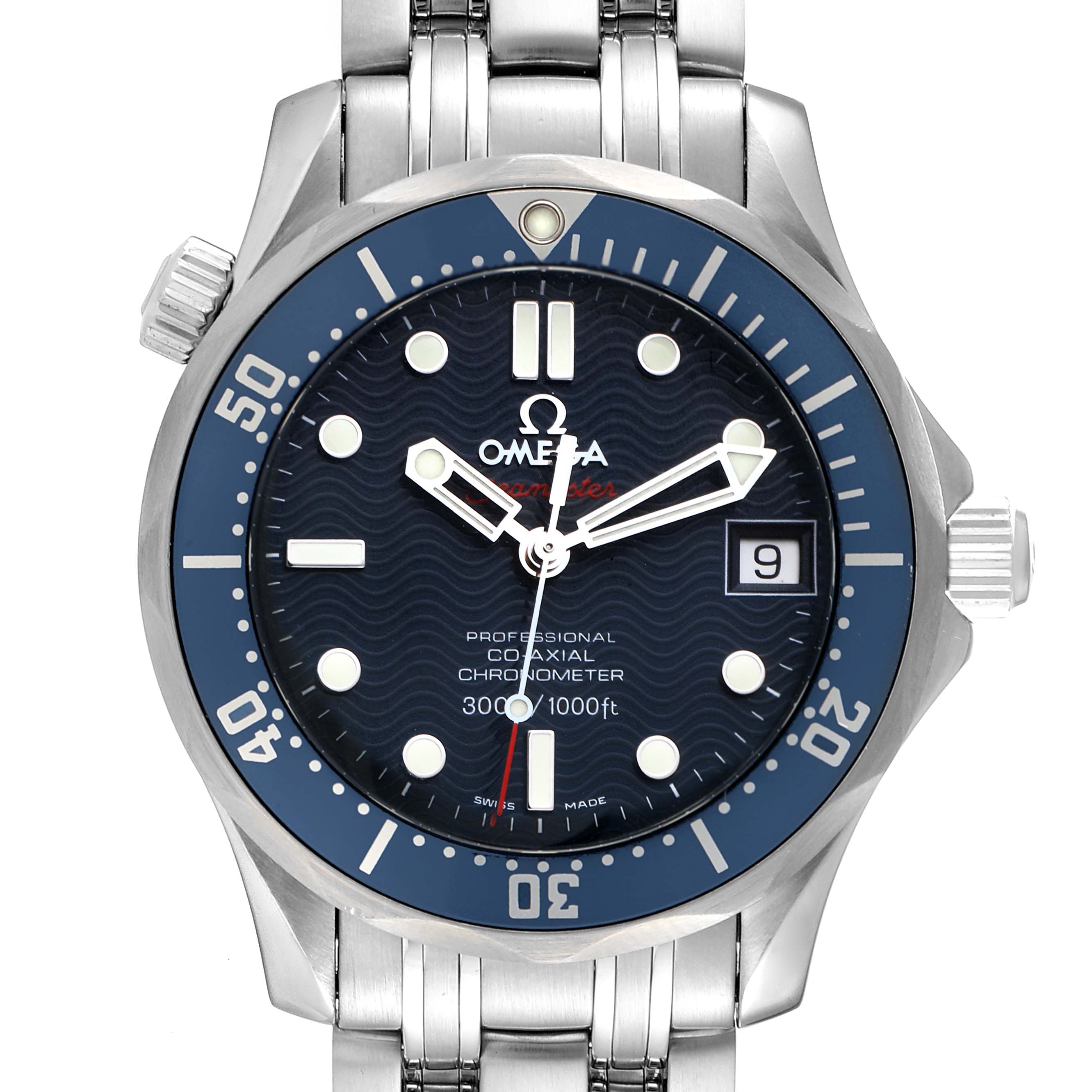 The image shows a front view of an Omega Seamaster 2222.80.00 Men's Stainless Steel Blue Dial 2222.80.00 Men's Stainless Steel Blue Dial watch featuring its dial, bezel, and part of the bracelet.