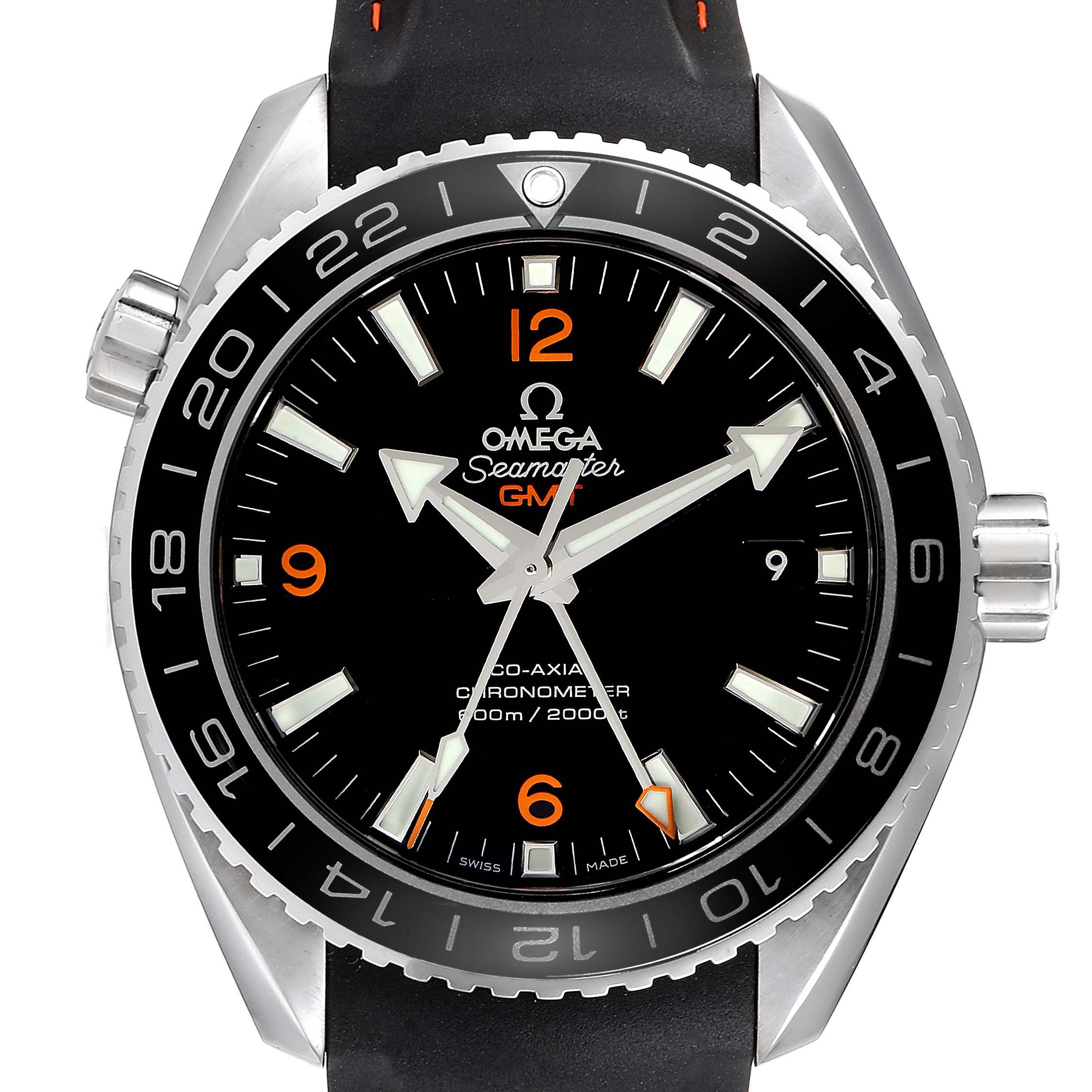 The Omega Planet Ocean 232.32.44.22.01.002 Men
s Stainless Steel Black Dial 232.32.44.22.01.002 Men
s Stainless Steel Black Dial watch is shown from the front, featuring its black dial, bezel, and crown.