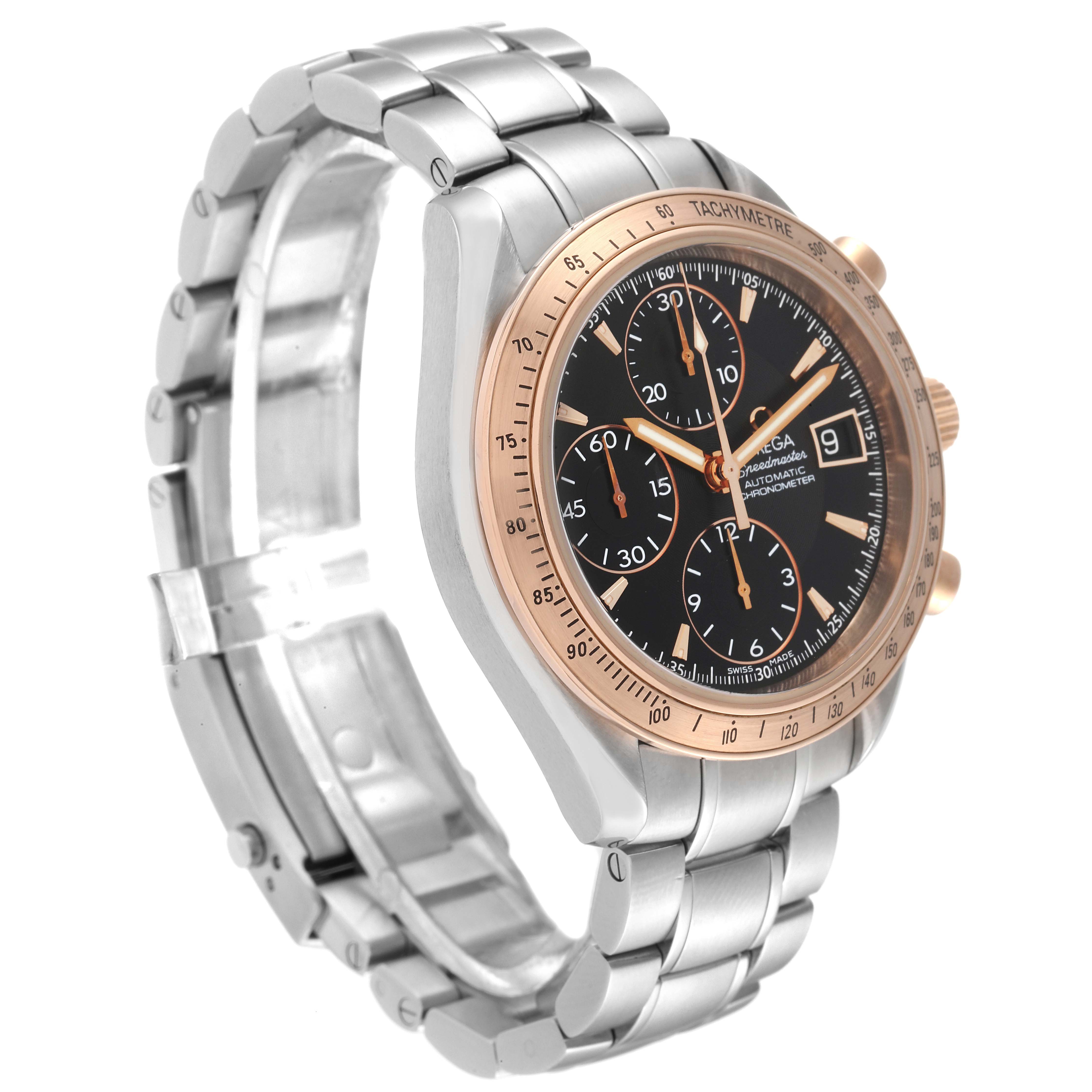 This image shows an Omega Speedmaster 323.21.40.40.01.001 Men's Steel and Gold (two tone) Black Dial 323.21.40.40.01.001 Men's Steel and Gold (two tone) Black Dial watch at a three-quarter angle highlighting its dial, bezel, and metal bracelet.