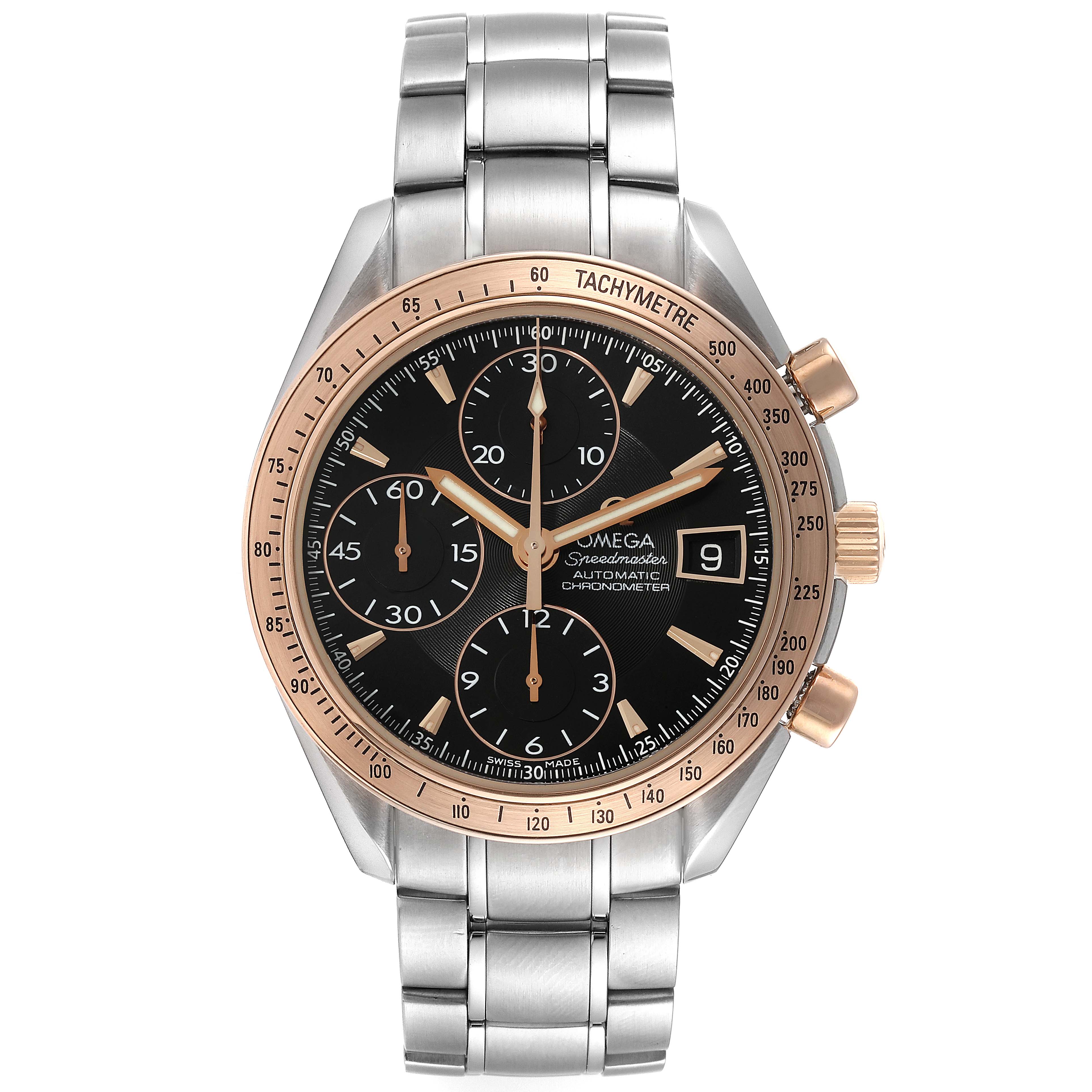 The image shows a front view of an Omega Speedmaster 323.21.40.40.01.001 Men's Steel and Gold (two tone) Black Dial 323.21.40.40.01.001 Men's Steel and Gold (two tone) Black Dial watch featuring a black dial, rose gold case accents, and a stainless steel bracelet.