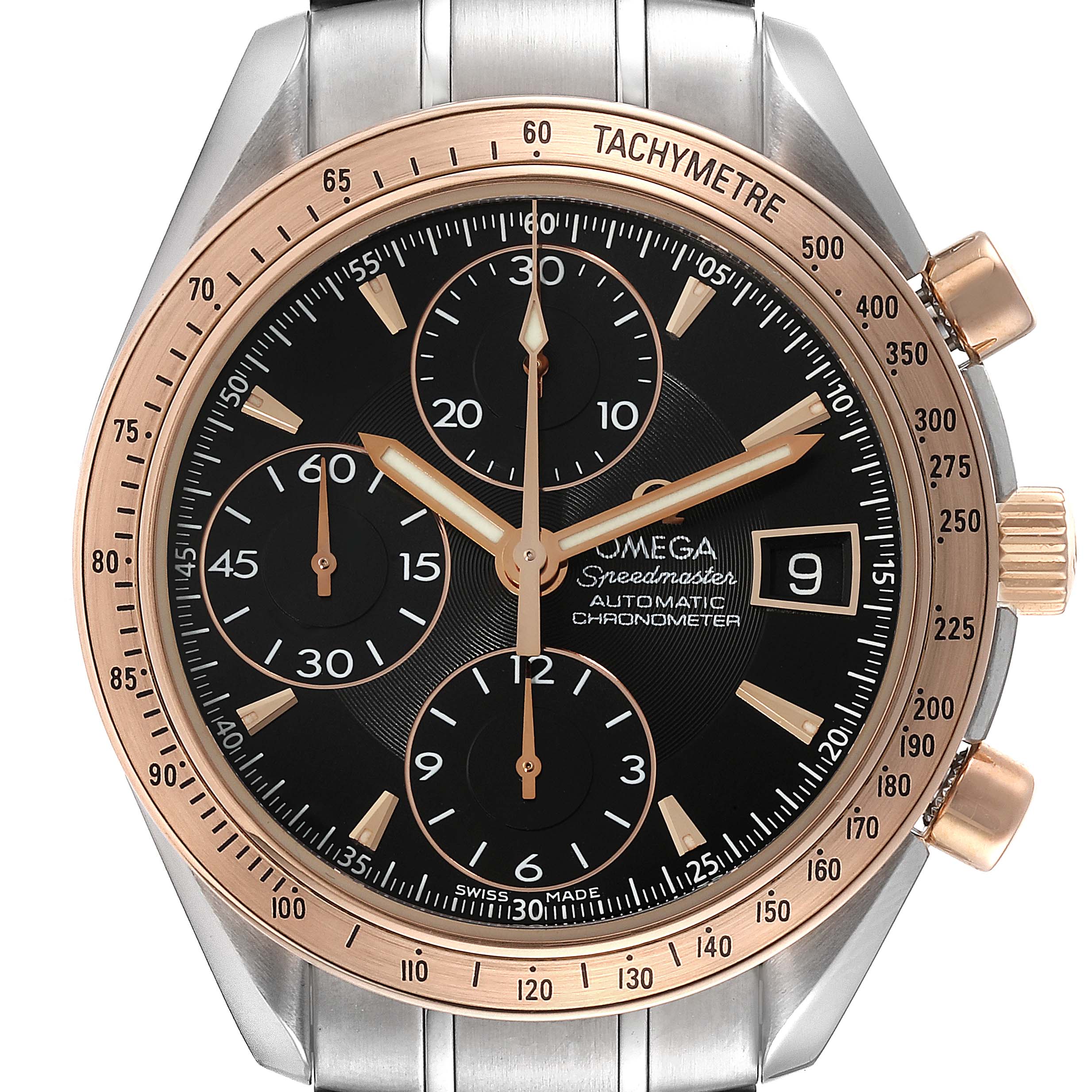 The image shows a front angle of the Omega Speedmaster 323.21.40.40.01.001 Men's Steel and Gold (two tone) Black Dial 323.21.40.40.01.001 Men's Steel and Gold (two tone) Black Dial watch, highlighting its dial, bezel, chronograph subdials, and crown.