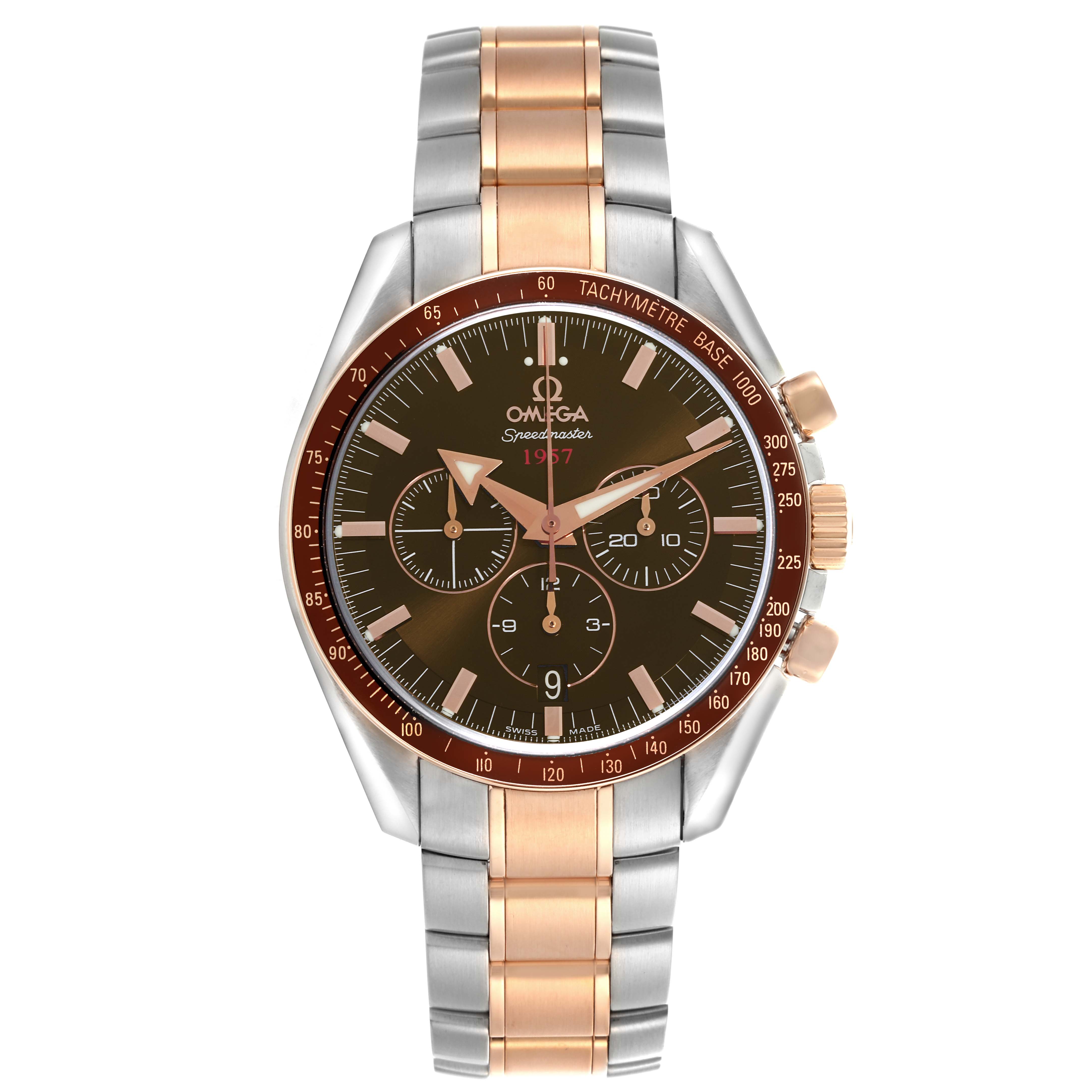 The Omega Speedmaster 321.90.42.50.13.001 Men's Steel and Gold (two tone) Brown Dial 321.90.42.50.13.001 Men's Steel and Gold (two tone) Brown Dial watch is shown from the front, displaying the dial, bezel, and dual-tone bracelet.