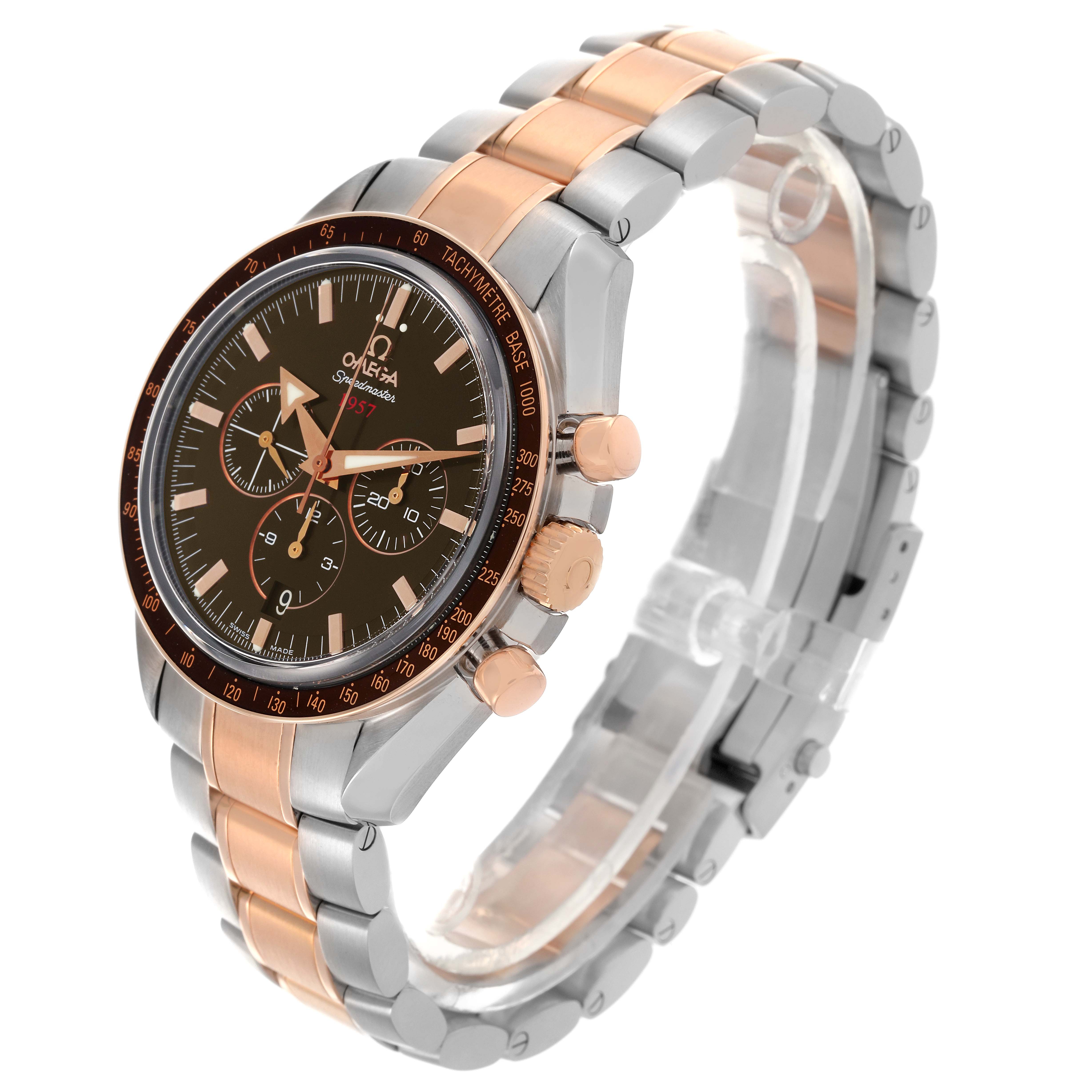 The Omega Speedmaster 321.90.42.50.13.001 Men's Steel and Gold (two tone) Brown Dial 321.90.42.50.13.001 Men's Steel and Gold (two tone) Brown Dial watch is shown at an angled view highlighting the dial, bezel, crown, and bracelet.