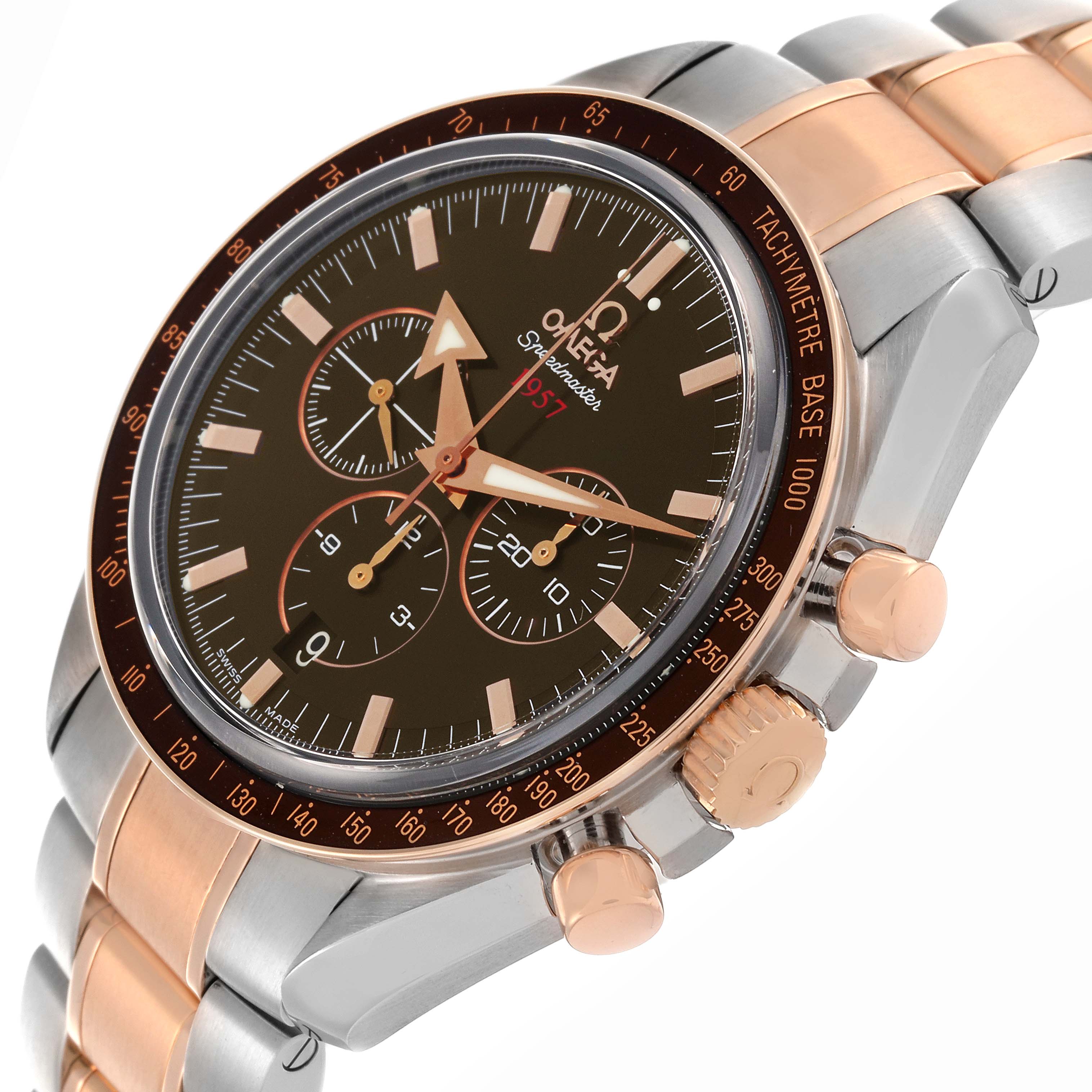 The Omega Speedmaster 321.90.42.50.13.001 Men's Steel and Gold (two tone) Brown Dial 321.90.42.50.13.001 Men's Steel and Gold (two tone) Brown Dial is shown at a slight angle, highlighting the face, crown, pushers, and part of the bracelet.