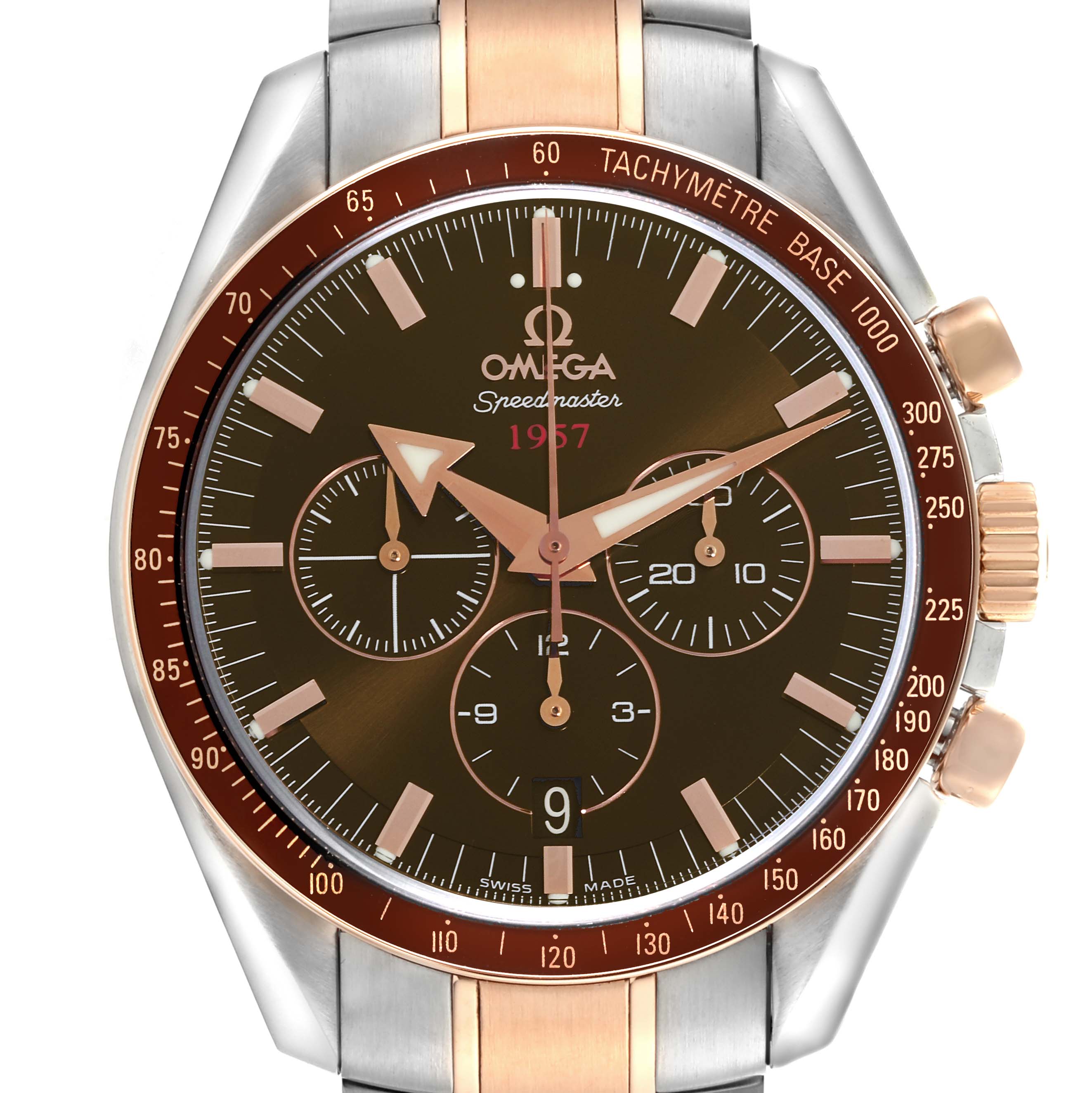 The Omega Speedmaster 321.90.42.50.13.001 Men's Steel and Gold (two tone) Brown Dial 321.90.42.50.13.001 Men's Steel and Gold (two tone) Brown Dial watch is shown from the front, highlighting the face, sub-dials, bezel, and part of the bracelet.